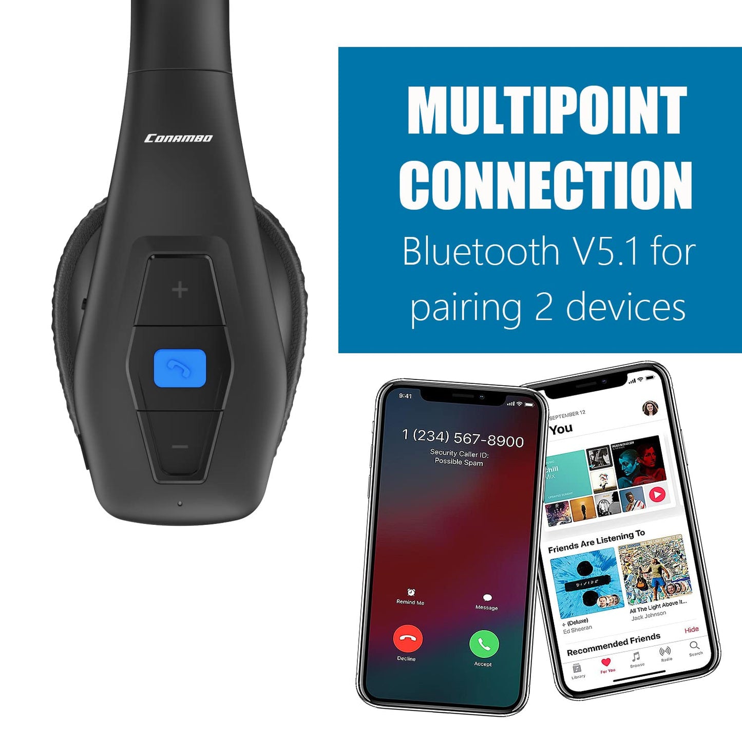 Conambo Trucker Bluetooth Headset - 60Hrs Worktime Trucker headset with CVC8.0 Dual Mic Noise Cancelling, Mute Button, Upgraded Comfort and Durability