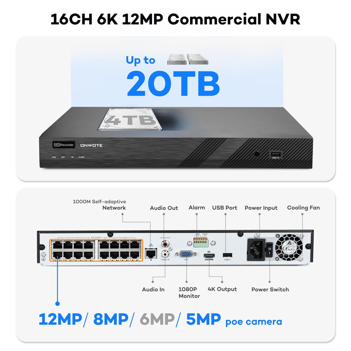 ONWOTE Face Recognition & AcuSearch, 16 Channel 6K 12MP NVR PoE Security Camera System, 16x 6MP 122° Outdoor Audio IP Cameras, AI Detect, 16CH