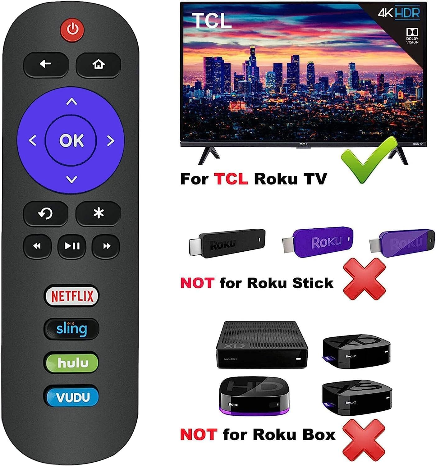 Genuine OEM Replacement TCL Roku TV Remote Control (06-IRPT20-URC280J) URC280J 21001-000012 with Netflix/Hulu/Apple TV/Disney+ Keys