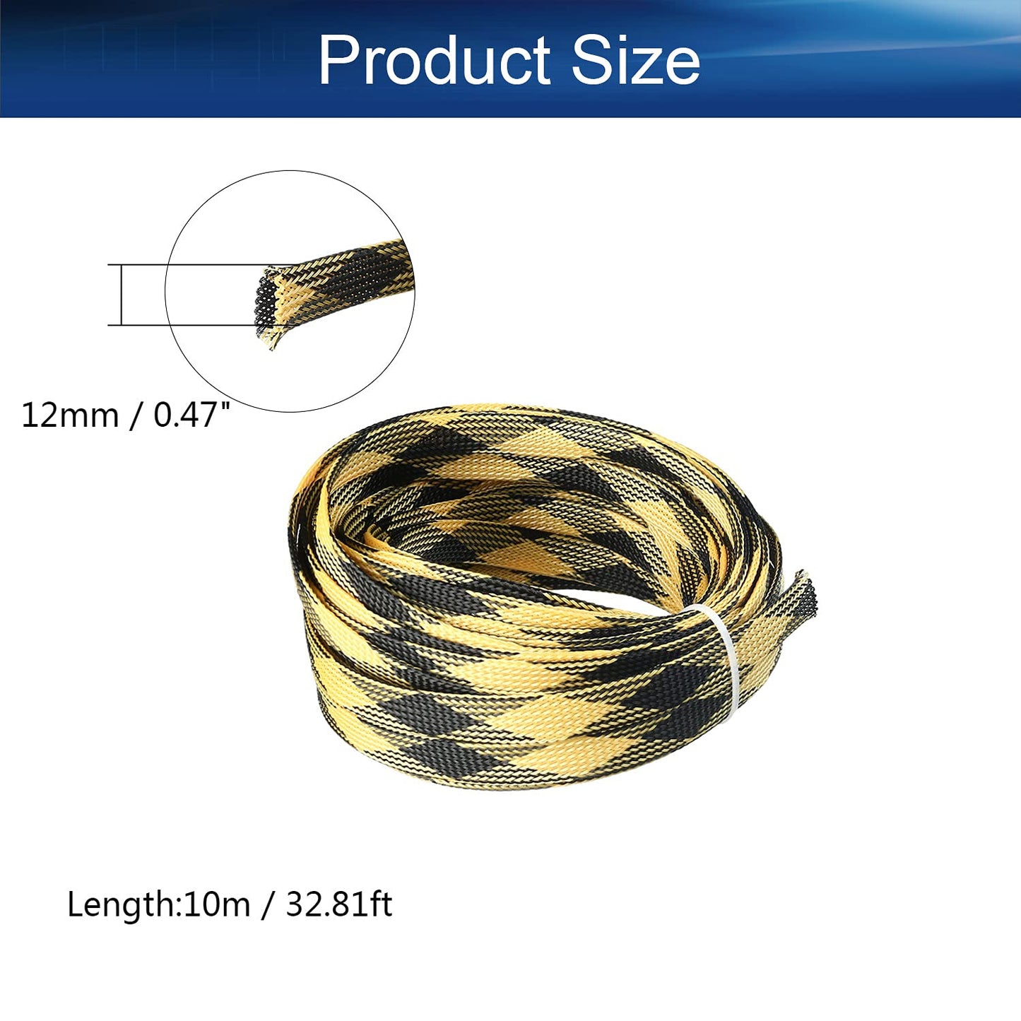 Bettomshin 1Pc 32.8Ft(10m) Cable Management Sleeve, 1/2"(12mm) Width PET Black & Yellow Cord Protector, Wire Loom Tube Insulated Split Sleeving