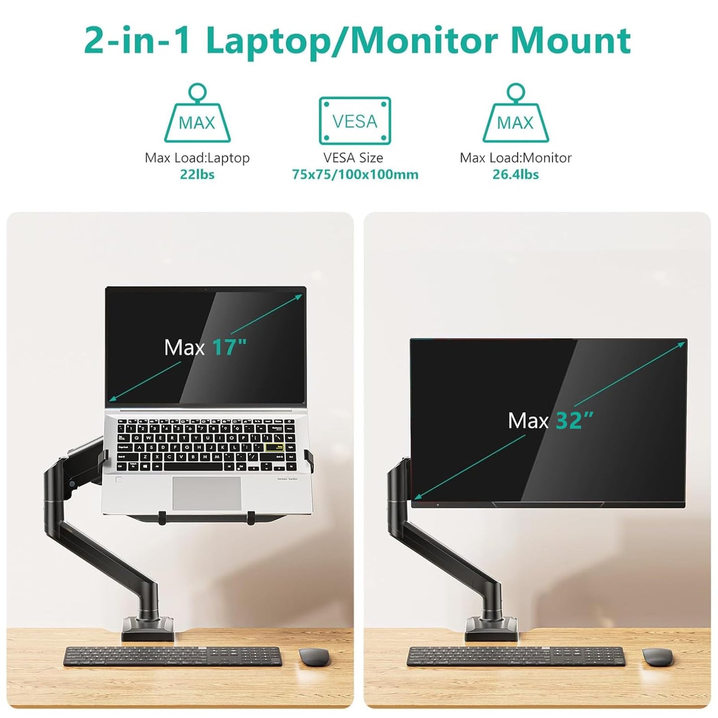 WALI Single Arm Laptop and Monitor Desk Mount for 17" Notebook and Up to 32" Screen, 2-in-1 Adjustable Monitor Arm with Laptop Tray, VESA 75x75
