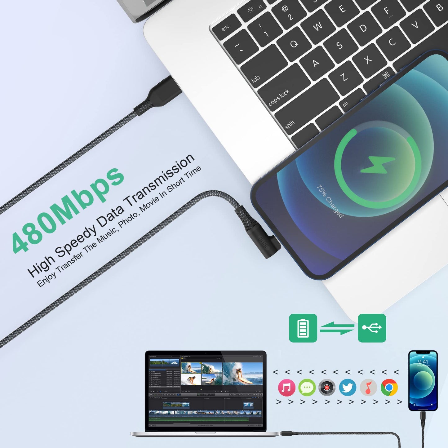 Apple MFi Certified Extra Long Right Angle iPhone Charger Cable (20 ft) - 90 Degree Nylon Braided Compatible with iPhone 13 12 11 X