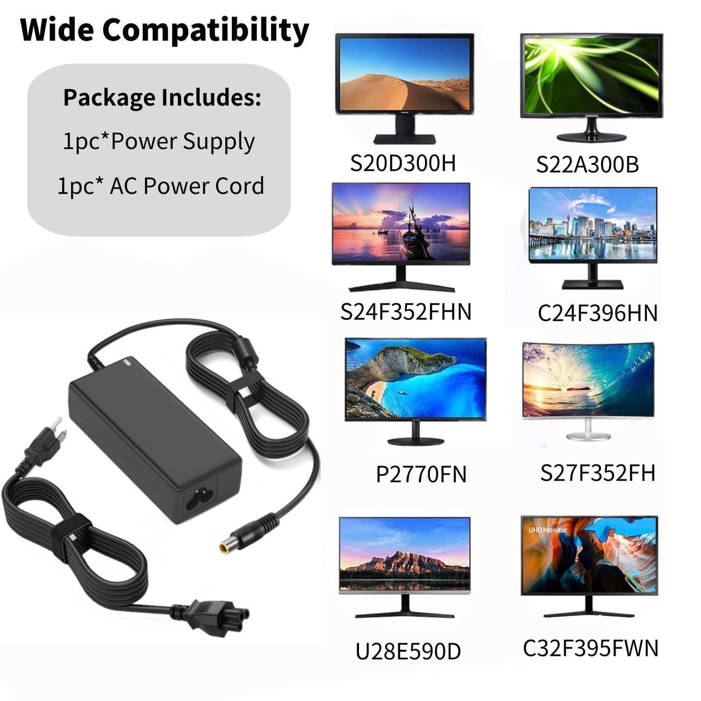 DC 14V Power Cord for Samsung Monitor, 6.6FT Power Supply (for Samsung 32" 27" 24" 23" 22" 20" 19" 18" 17" 15” Monitor)