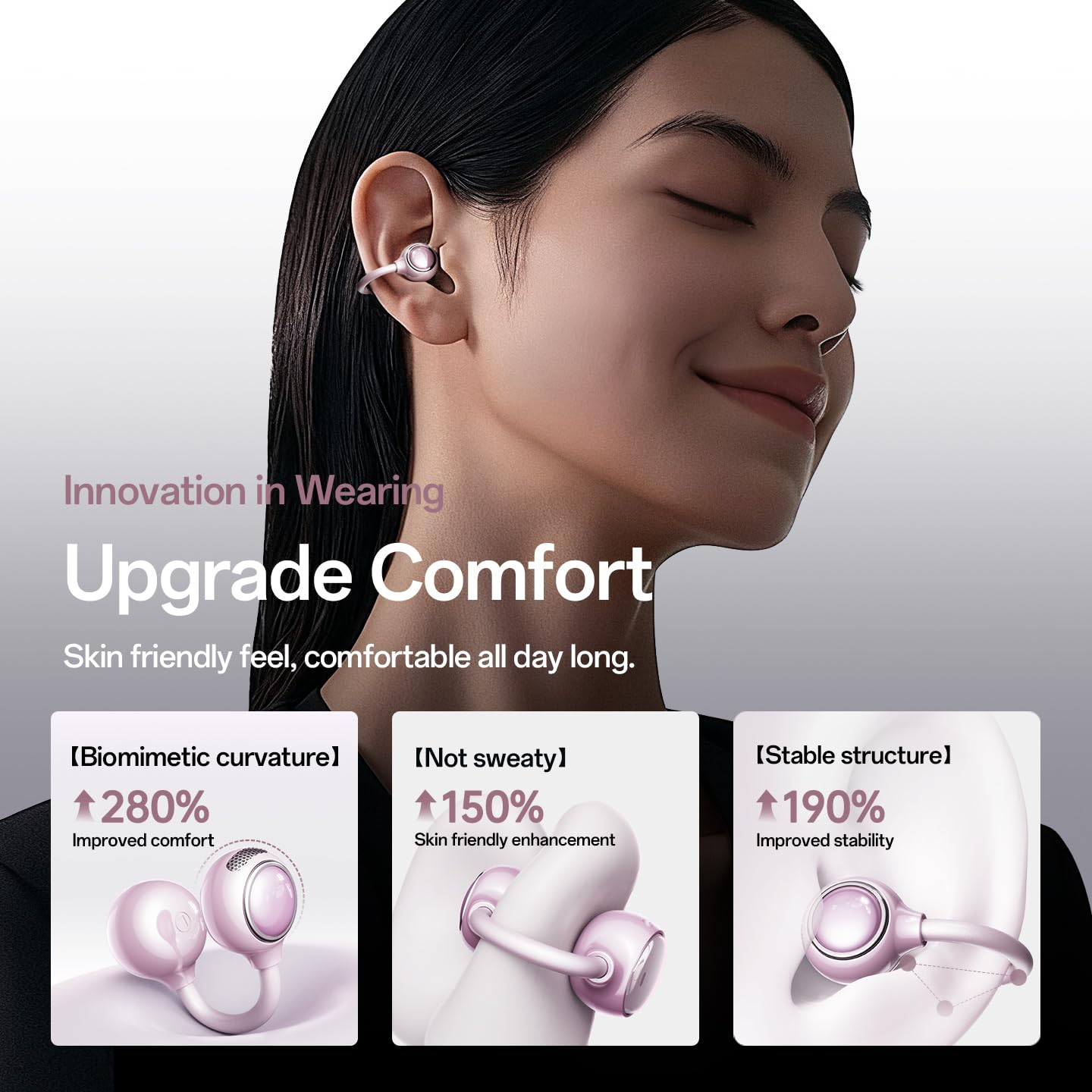Clip-On Earbuds,Open-Ear Wireless Bluetooth 6.0 Headphones with Makeup Mirror, Secure Fit for Small Ears & Glasses Wearers, 30H Playtime,Call Noise