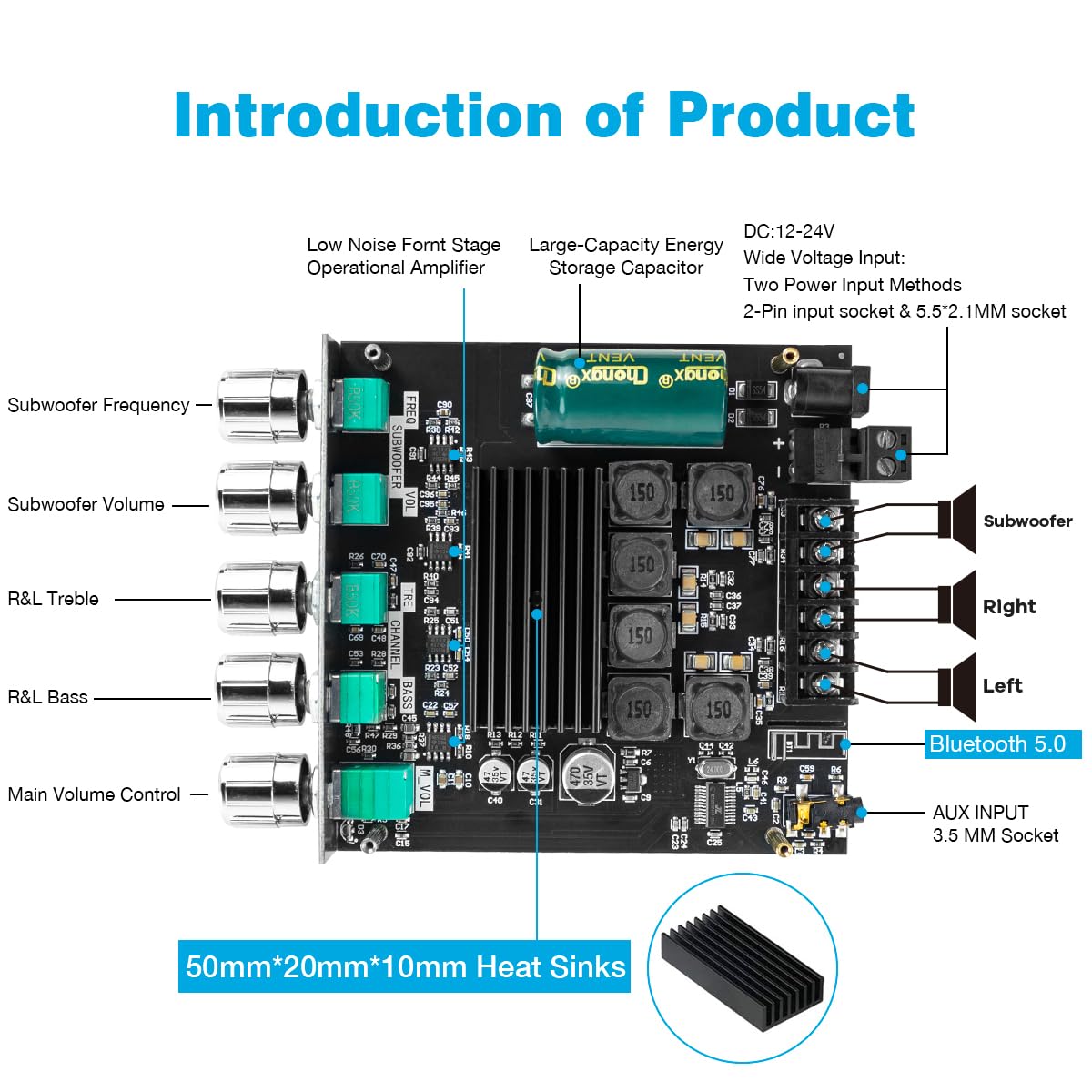 ZK-TB21 Bluetooth 5.0 50W+50W+100W 2.1 Channel Subwoofer Amplifier Board TPA3116D2 HiFi Treble and Bass Control Stereo Digital Audio Amp Board