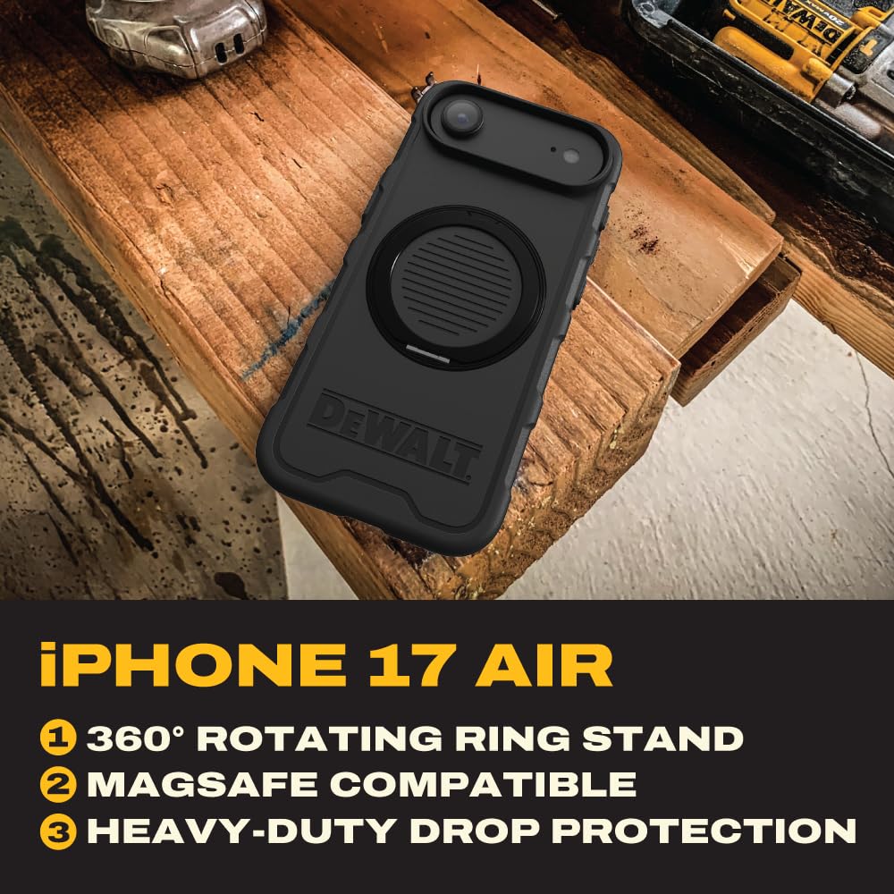 DEWALT Compatible iPhone 17 Air Magnetic Case with Stand, Rugged Shockproof Cover w/ 360° Rotatable Ring Holder, Compatible with MagSafe iPhone 17 Air