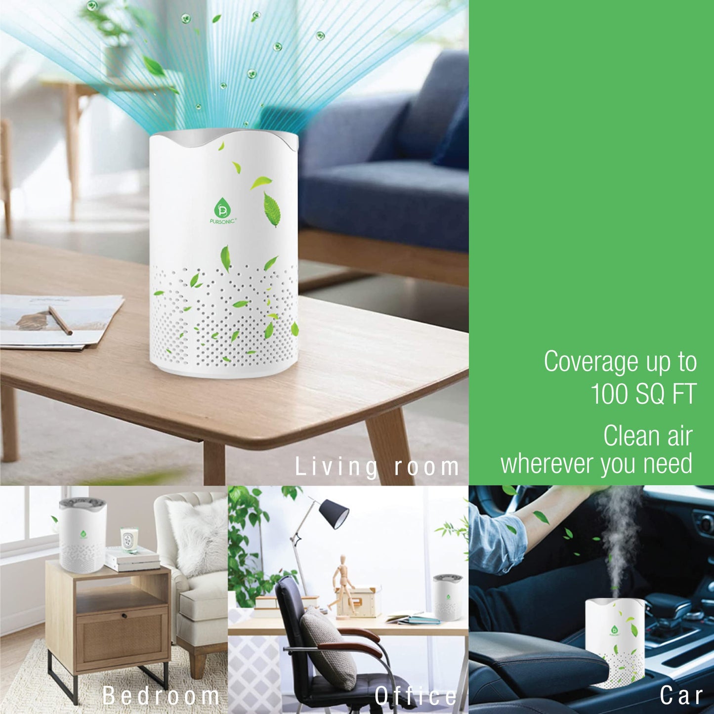 Pursonic USB Powered Air Purifier With Night Light For Home,Office, Car, 100SQ Coverage, Clean Air Wherever You Need, Cleans Second Hand Smoke, Haze