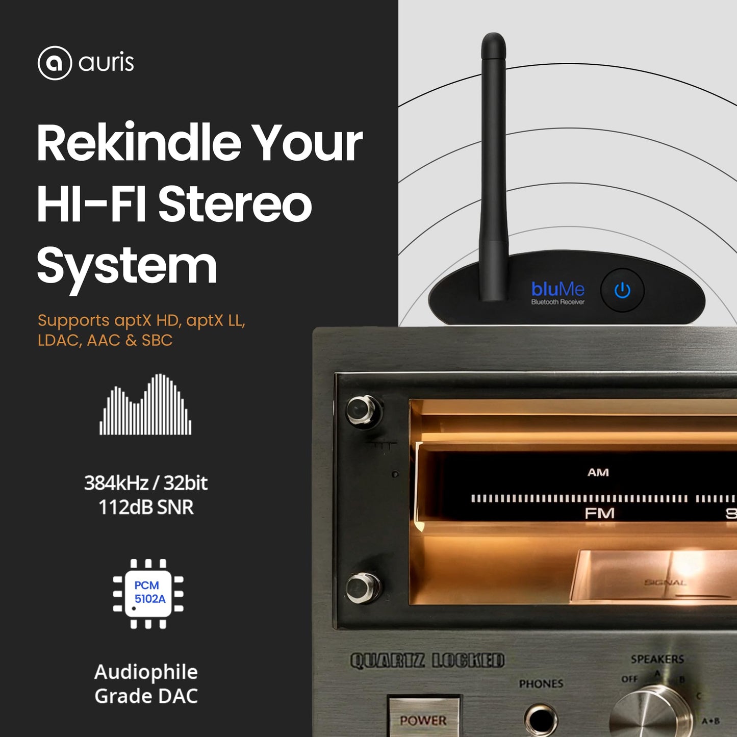 Auris Blume HD Long Range Bluetooth 5.3 Music Receiver Hi-Fi Audio Adapter with Audiophile DAC, LDAC & AptX HD for Home Stereo, AV Receiver or