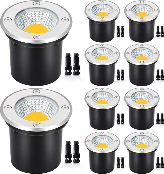 SUNVIE Low Voltage Landscape Well Lights with Wire Connectors, 12W LED, IP67 Waterproof Outdoor In-Ground Garden Lights 12V-24V Warm White for Pathway