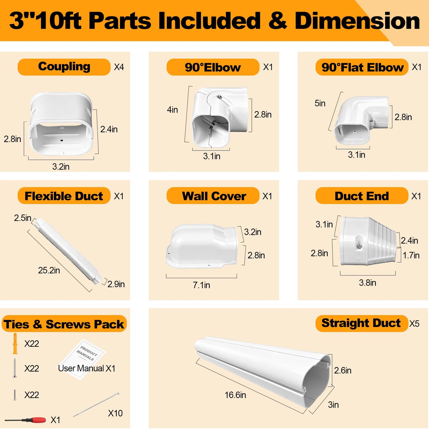 3" 10Ft Mini Split Line Set Cover,Minisplit Lineset Cover Kit with Flexible Duct,White PP Decorative Paintable Kit for Mini Split, Air Conditioner