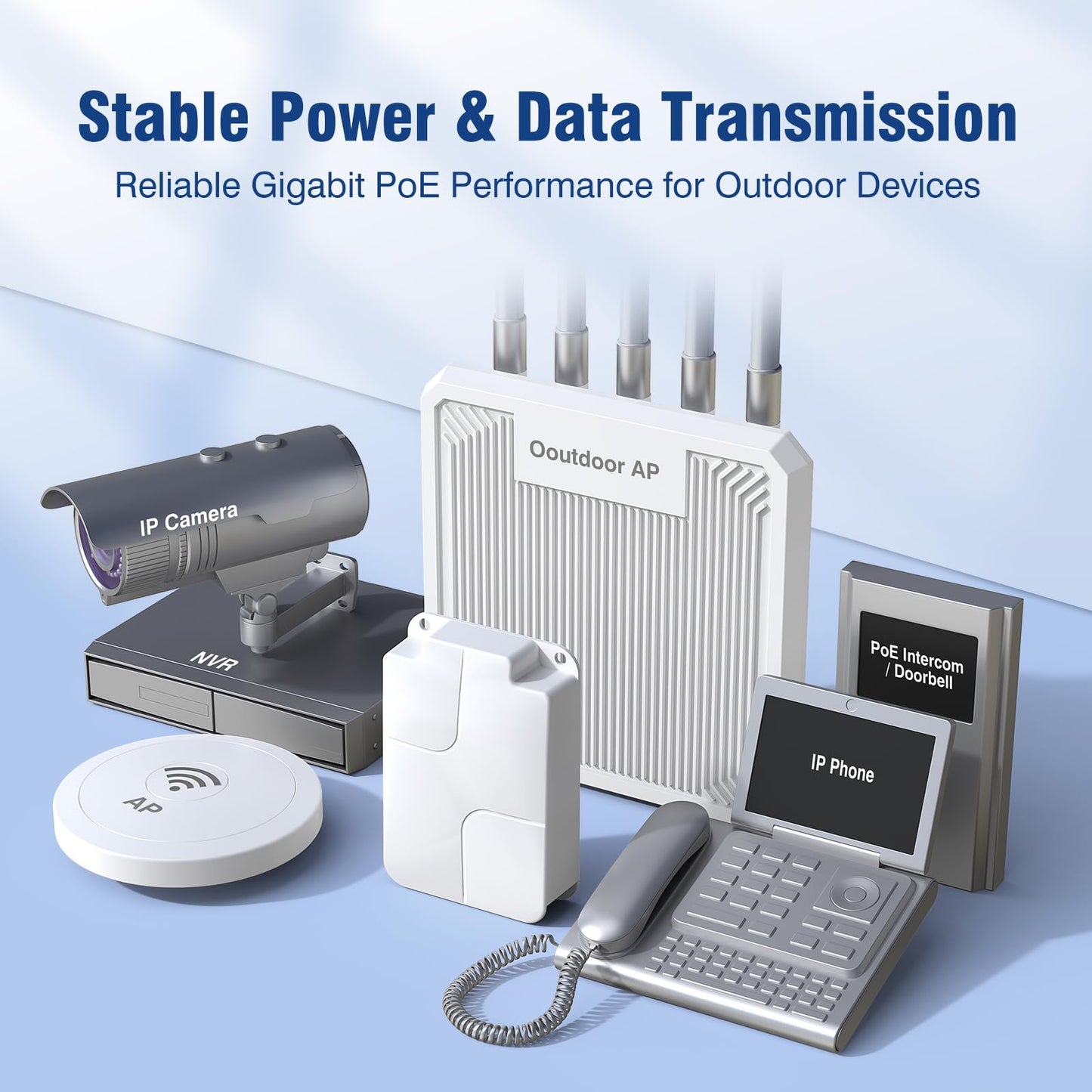 Outdoor Gigabit PoE Extender 1 in 3 Out, VunLink Waterproof 4-Port PoE Repeater, IEEE 802.3af/at, 100m (328ft) Extension, Plug & Play, VLAN, Wall