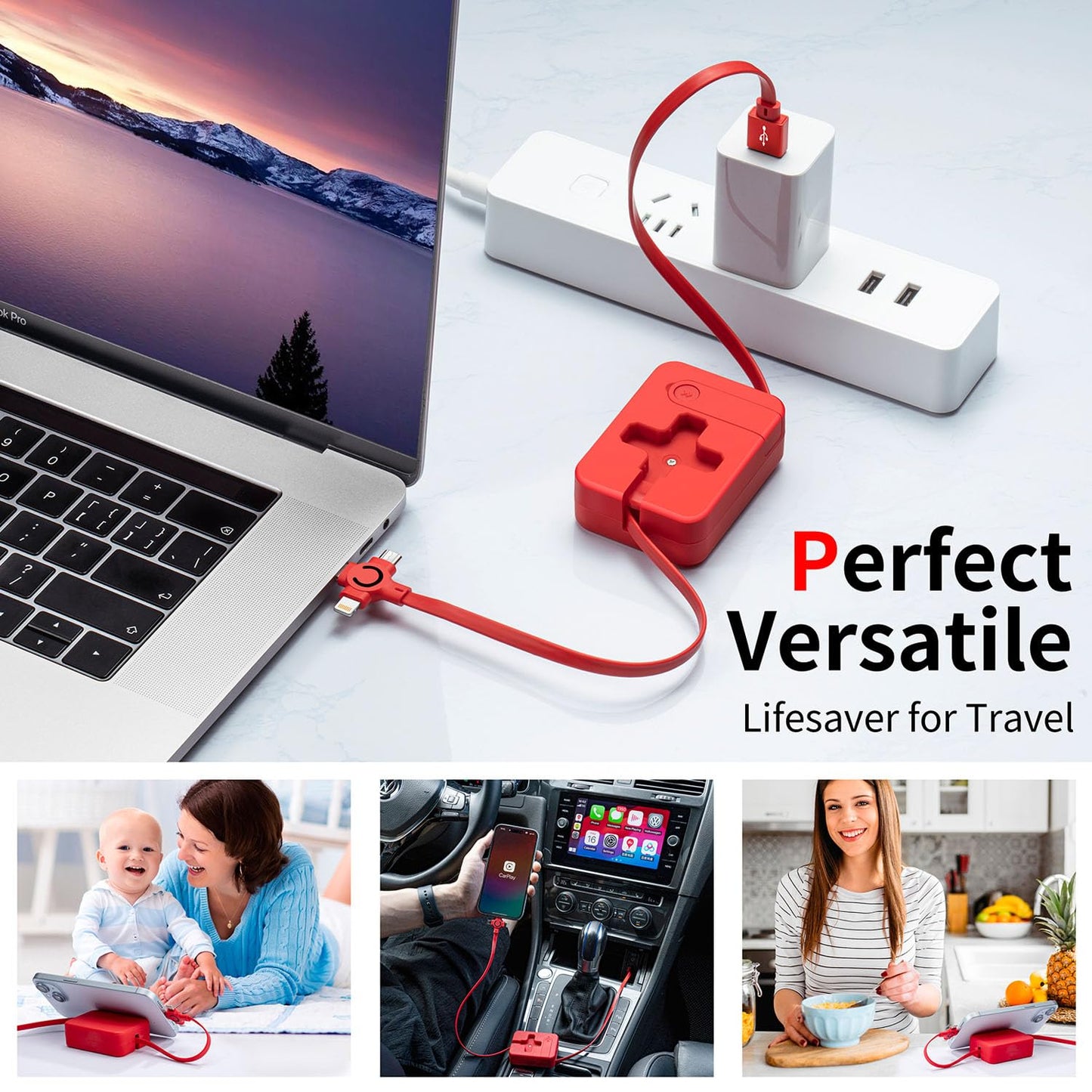 Multi Charging Cable 3A, 4Pack 3 in 1 Retractable USB Charger Cable with USB C/Micro Port, Phone Holder, Multiple Fast Charging Cord for Cell Phones