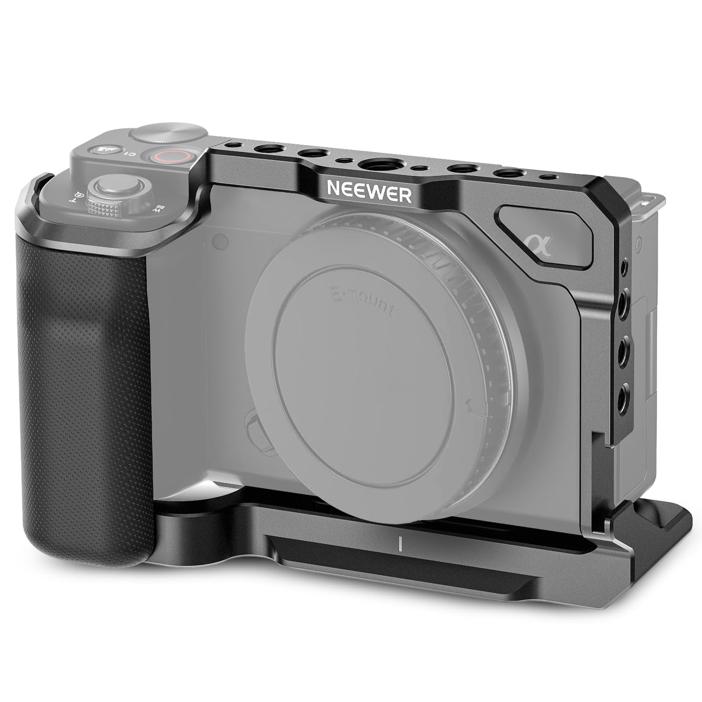 NEEWER ZV-E10 Camera Cage with Silicone Grip, 1/4" Threads, 3/8" ARRI Locating Holes, Arca Type QR Base, Protective Metal Video Rig Compatible
