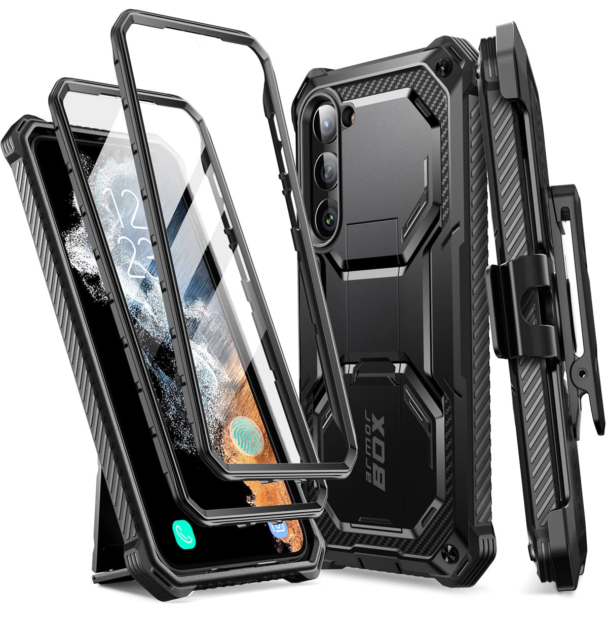 i-Blason Armorbox for Samsung Galaxy S23 Case with Stand & Belt-Clip [Built-in Screen Protector] [2 Front Frames] [Military-Grade Protection]