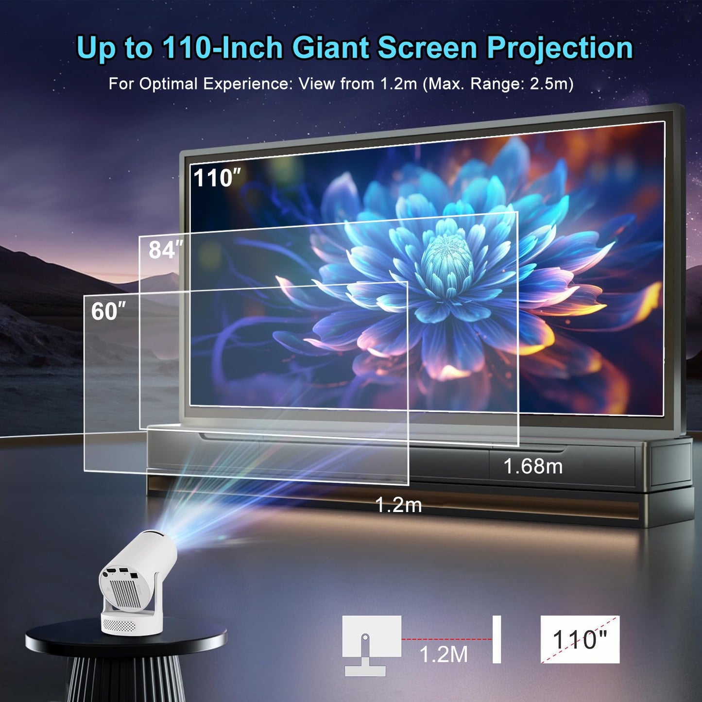 YENOCK Mini Portable Projector with TranScreen App , Smart Movie Projector for TV Stick, Smartphone, iPhone & USB , 4K HD Support, Bedroom