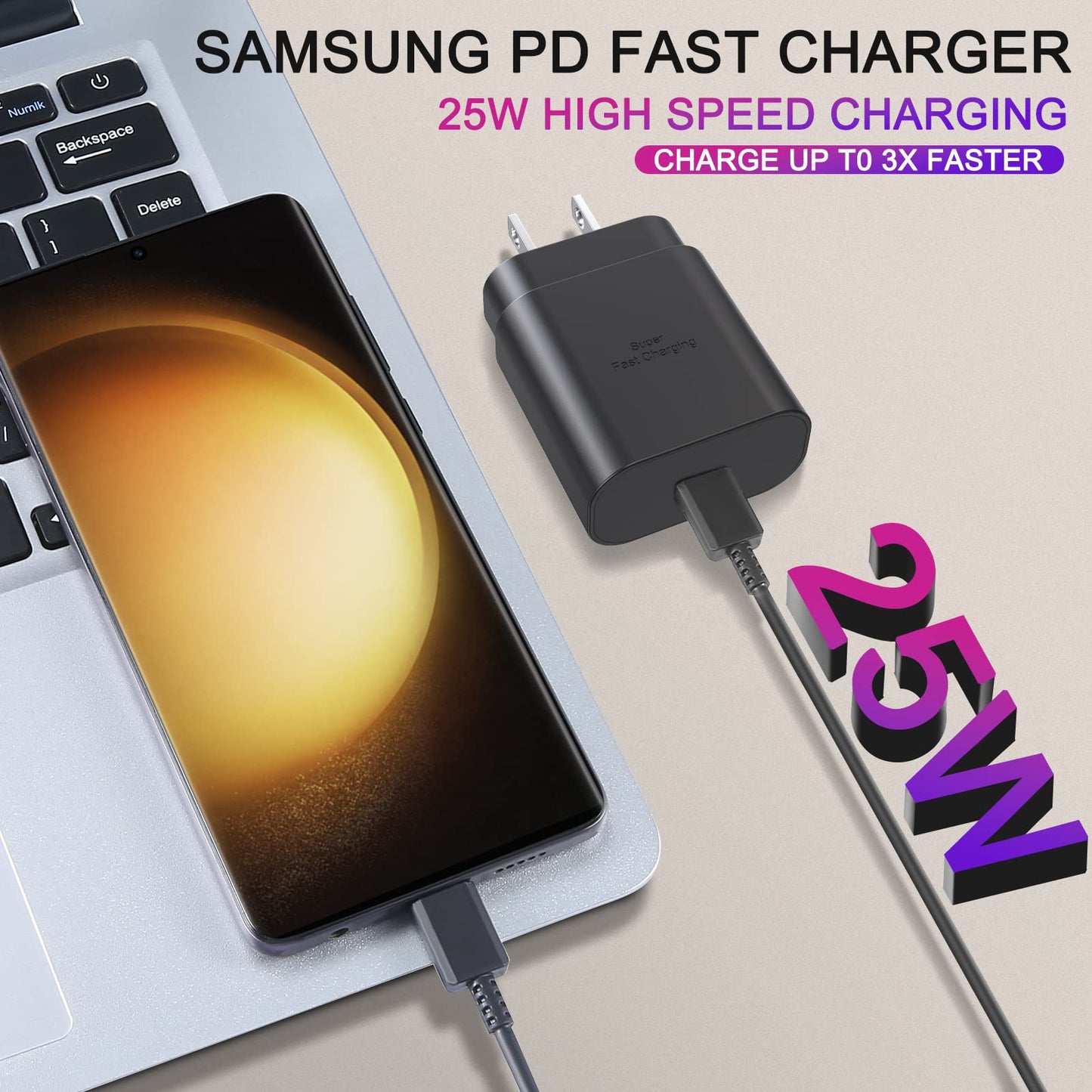 Samsung Super Fast Charger,3 Pack Type C 25W USB C Wall Charger Fast Charging with 10FT Long Type C to C Cable for Samsung Galaxy S26