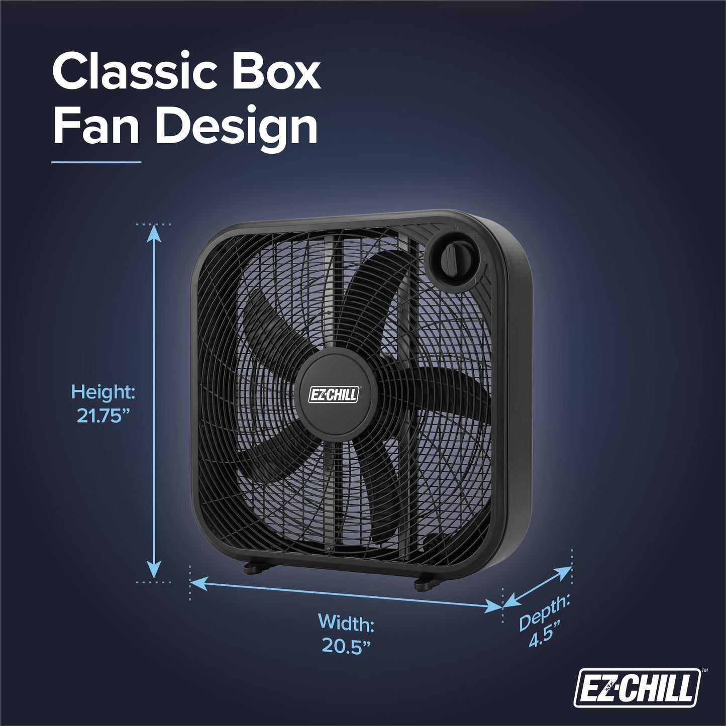 EZ-CHILL 20" 3-Speed Box Fan, Ideal for Home, Bedroom, & Office, Black