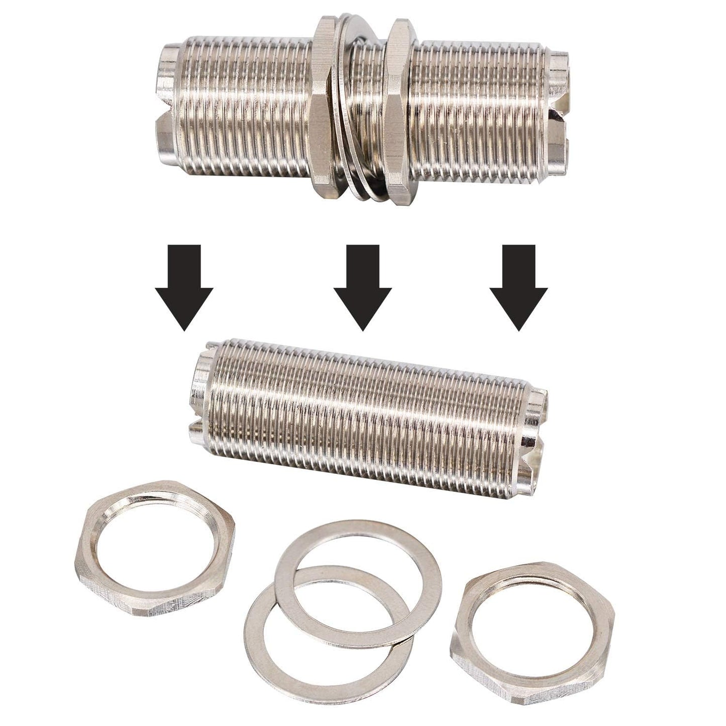 Kaunosta 2-Pack 1.77" Long Body UHF SO239 Female to Female Bulkhead Connector, Extended Thread Coax Adapter for Thick Panels (>15mm), Marine Boats