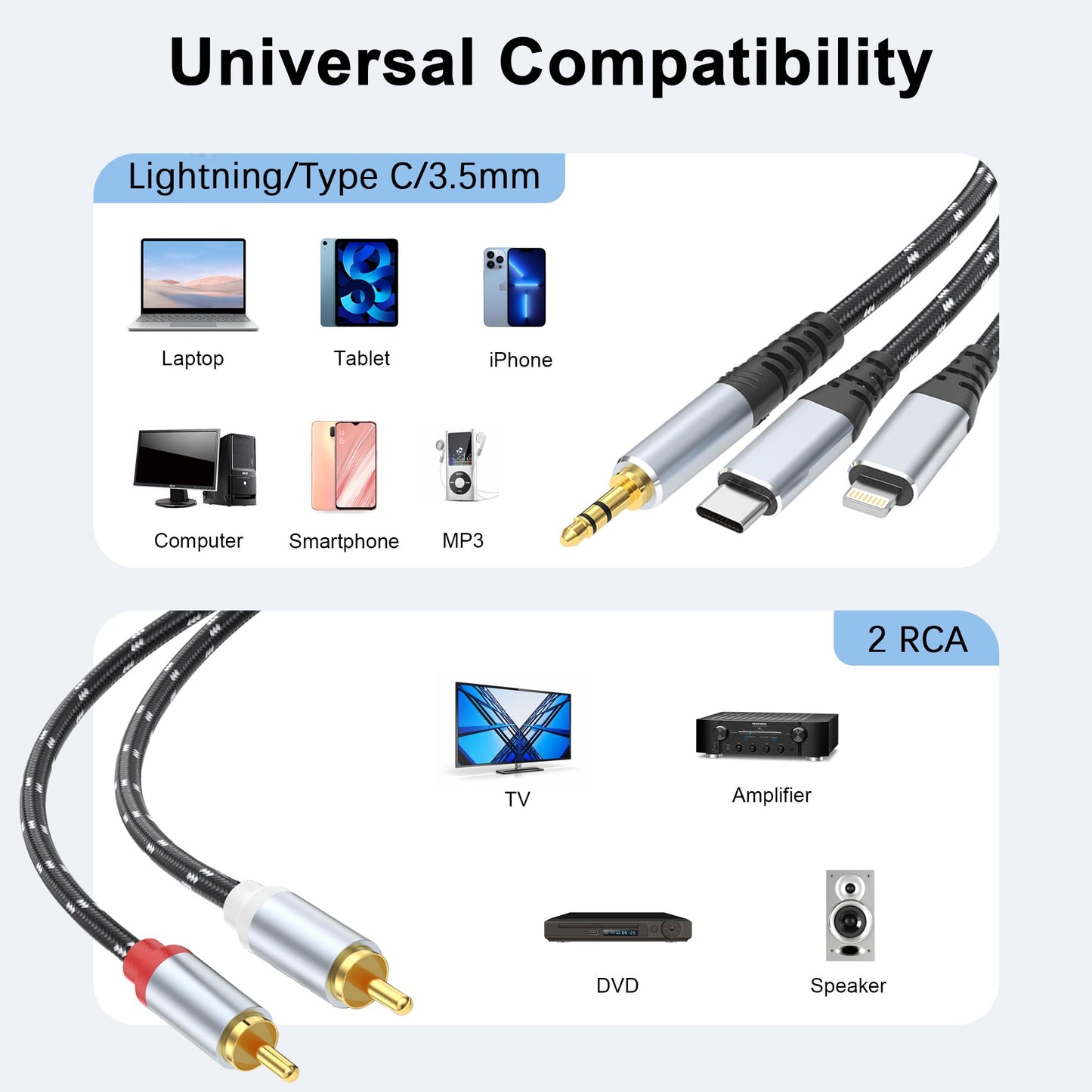 DCNETWORK 3.5mm to RCA Cable, Lightning to RCA Male to Aux Audio Adapter HiFi Sound Headphone Jack Adapter,(3 in 1 Audio Cable) Connector
