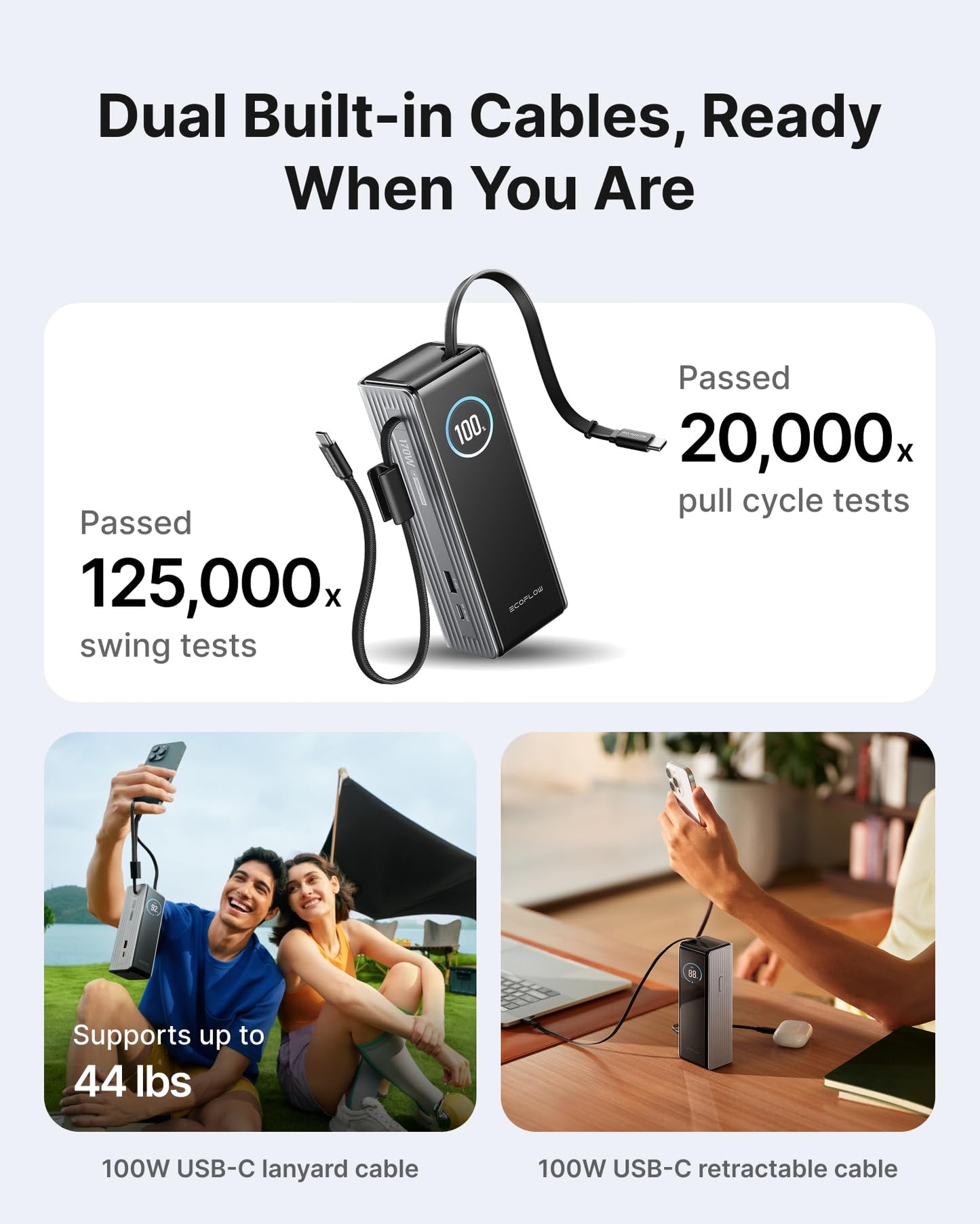 EF ECOFLOW Laptop Power Bank, 25000mAh Rapid Portable Charger, Triple 100W USB-C Ports, Built-in Retractable Cables, Fast Charging for iPhone 17/16