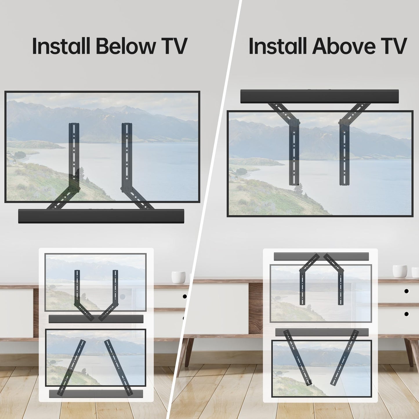 USX MOUNT Soundbar Mount, Sound Bar Mount for Mounting Above or Under TV, Fits Most of Sound Bars Up to 16 Lbs, with Detachable Extension Plates