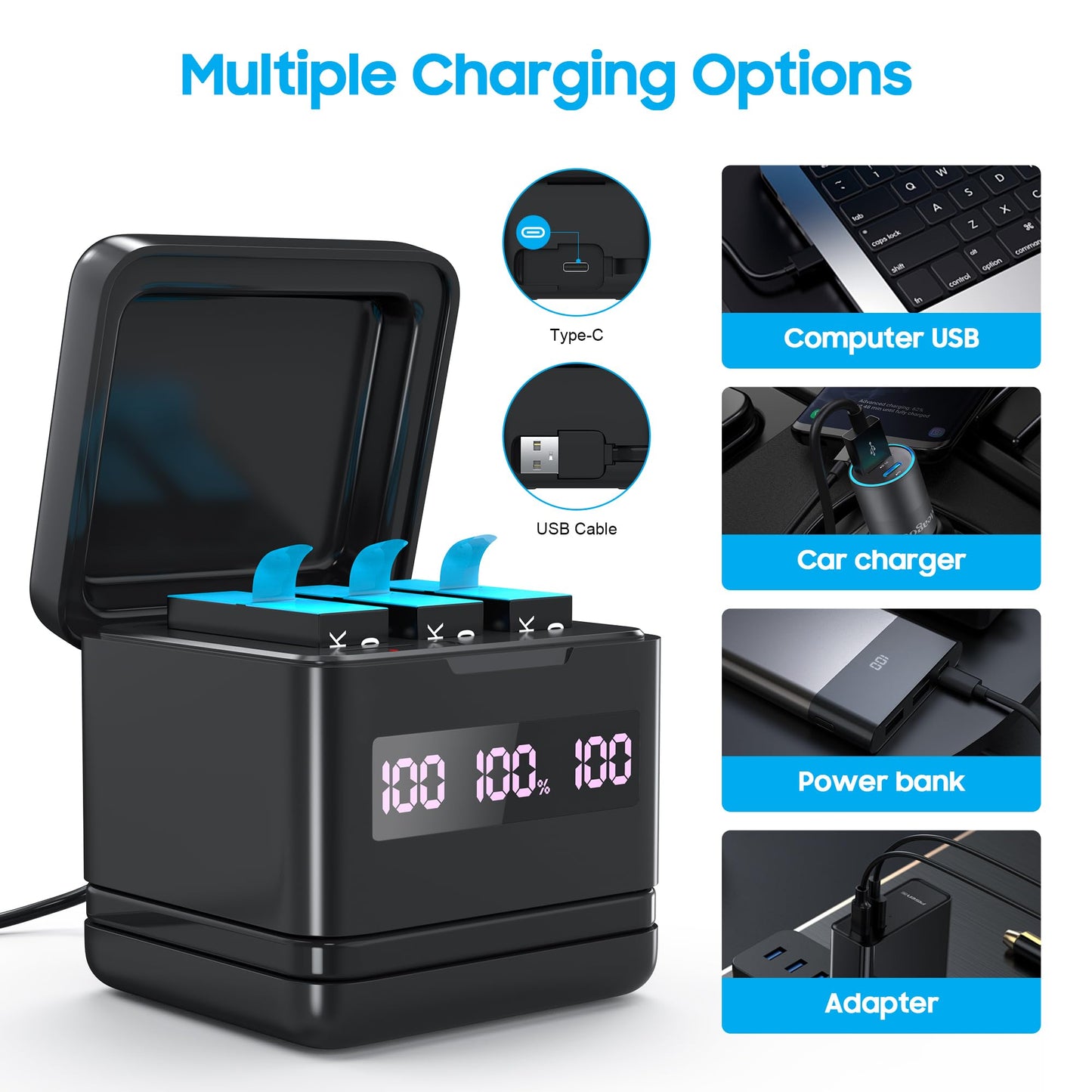 2 Pack Batteries for Hero 9/10/11/12 2000mAh and Storage Quick Charger with High Speed Micro SD Card Reader Function, Fully Compatible with The