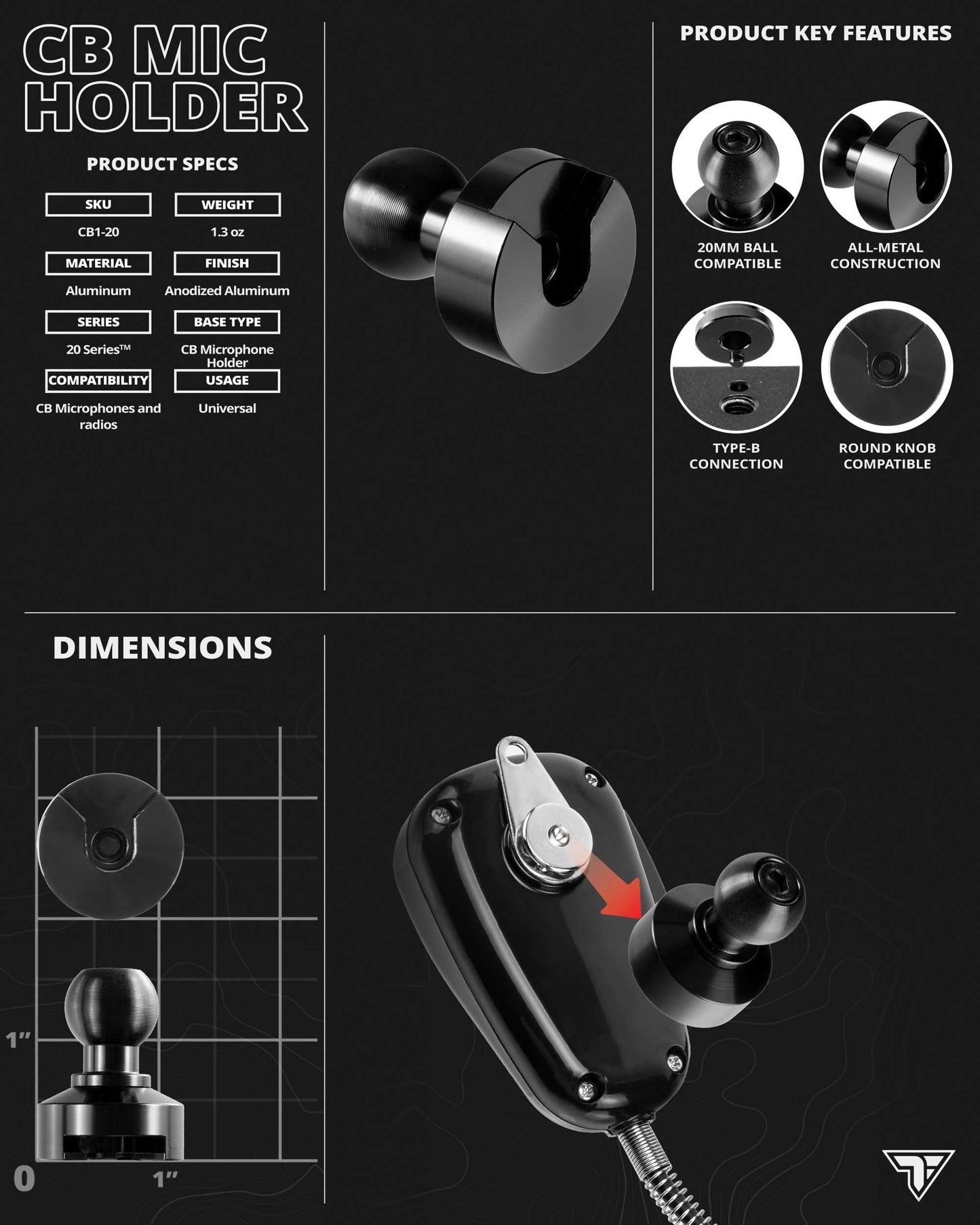 Tackform Slim Track™ Base Mount - CB Microphone Holder | Black Anodized Aluminum | Short Reach Arm | (Base Mounts Are ONLY Compatible With Tackform