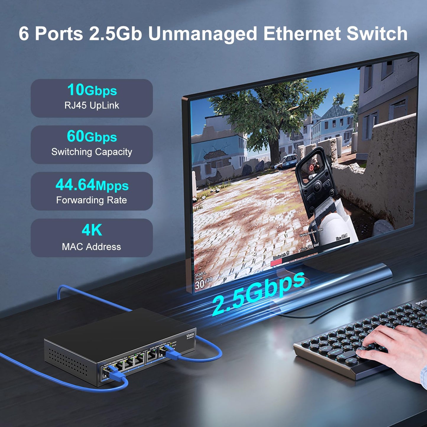 6-Port 10G/2.5G Ethernet Switch with Dual 10GBASE-T, Vimin 4X 2.5G +2 x 10Gb RJ45 Ports Unmanaged Switch, 60Gbps Capacity, 10G Switch Desktop/Wall