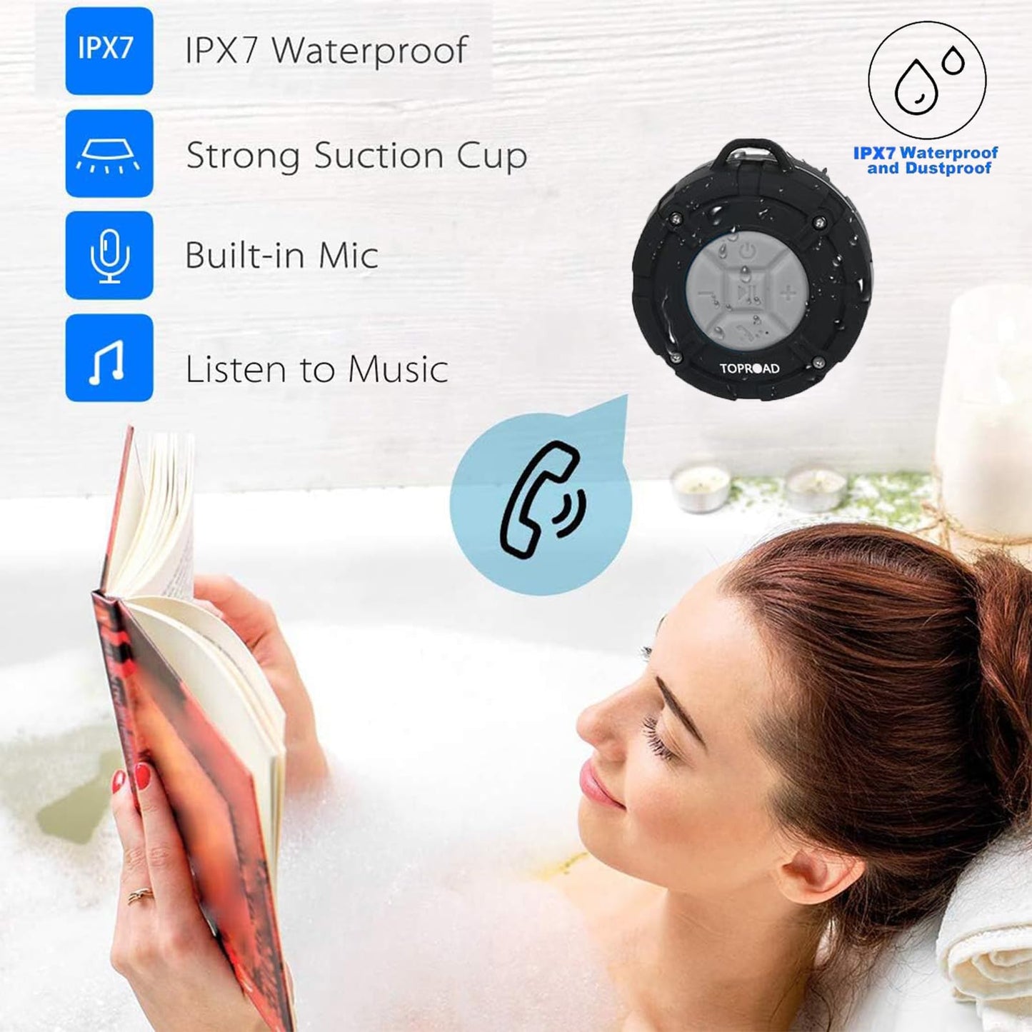 TOPROAD Portable Shower Speaker, IPX7 Waterproof Wireless Outdoor Speaker with HD Sound, 2 Suction Cups, Built-in Mic, Hands-Free Speakerphone