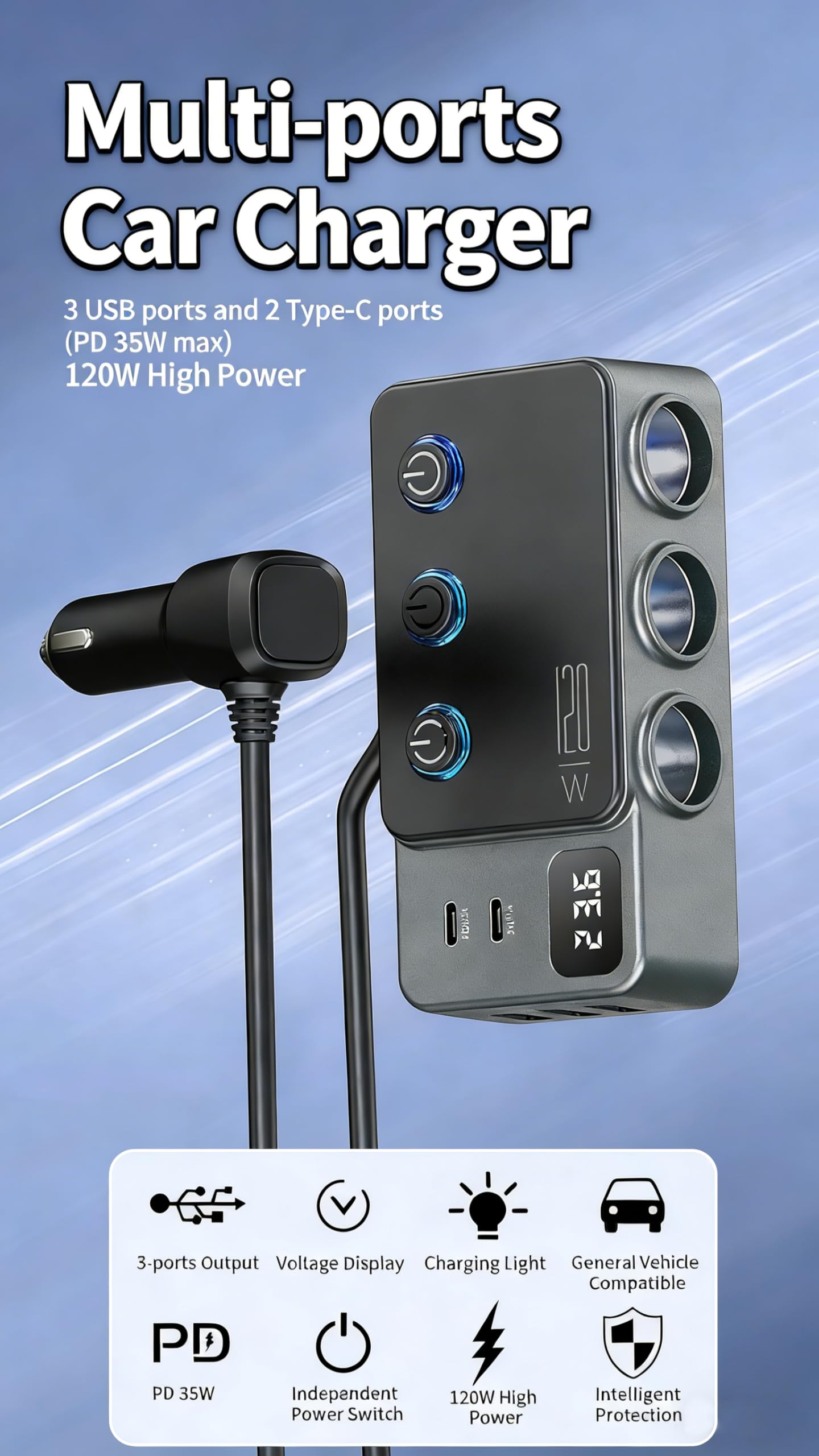 8-in-1 Car Cigarette Lighter Splitter, QC3.0 3 USB Ports & 2 Type-C PD 35W Fast & Safe Charging,3 Sockets with Independent/ Master Switches, Real-Time