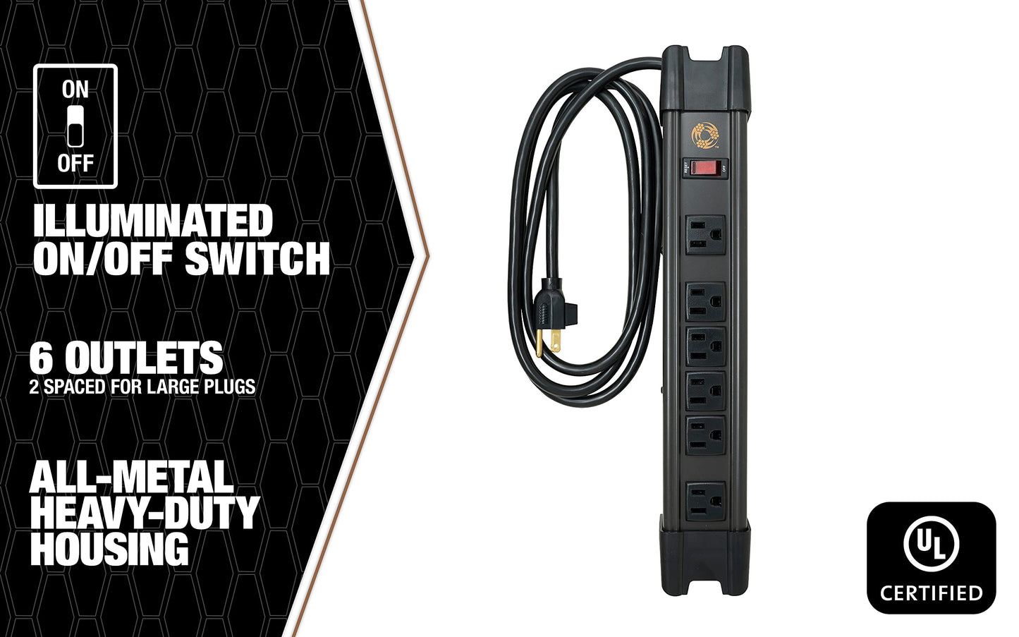 Southwire 6 Outlet Metal Magnetic Power Strip - 2 Rare Earth Magnets - 6 Foot Cord with Integrated Cord Management - Magnetic Power Strip - Lighted