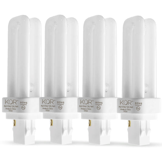 KOR 4-Pack 13W Double Tube CFL Light Bulbs, GX23-2 2-Pin Base, 4100K