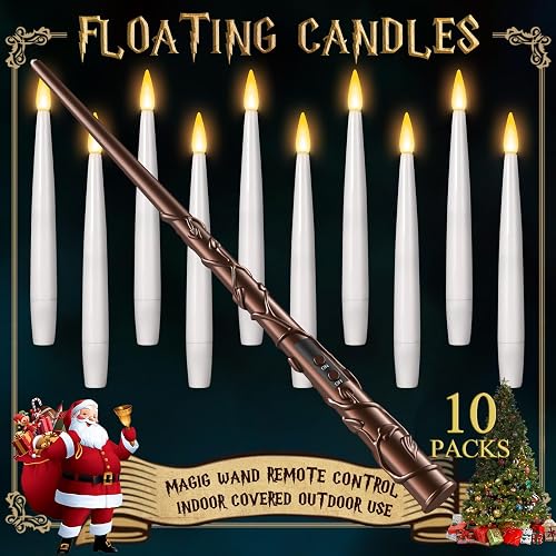 Floating Candles with Wand - Christmas Magic Hanging Flameless Candles Taper Candles with Remote for Halloween Window Home Bedroom Birthday Party