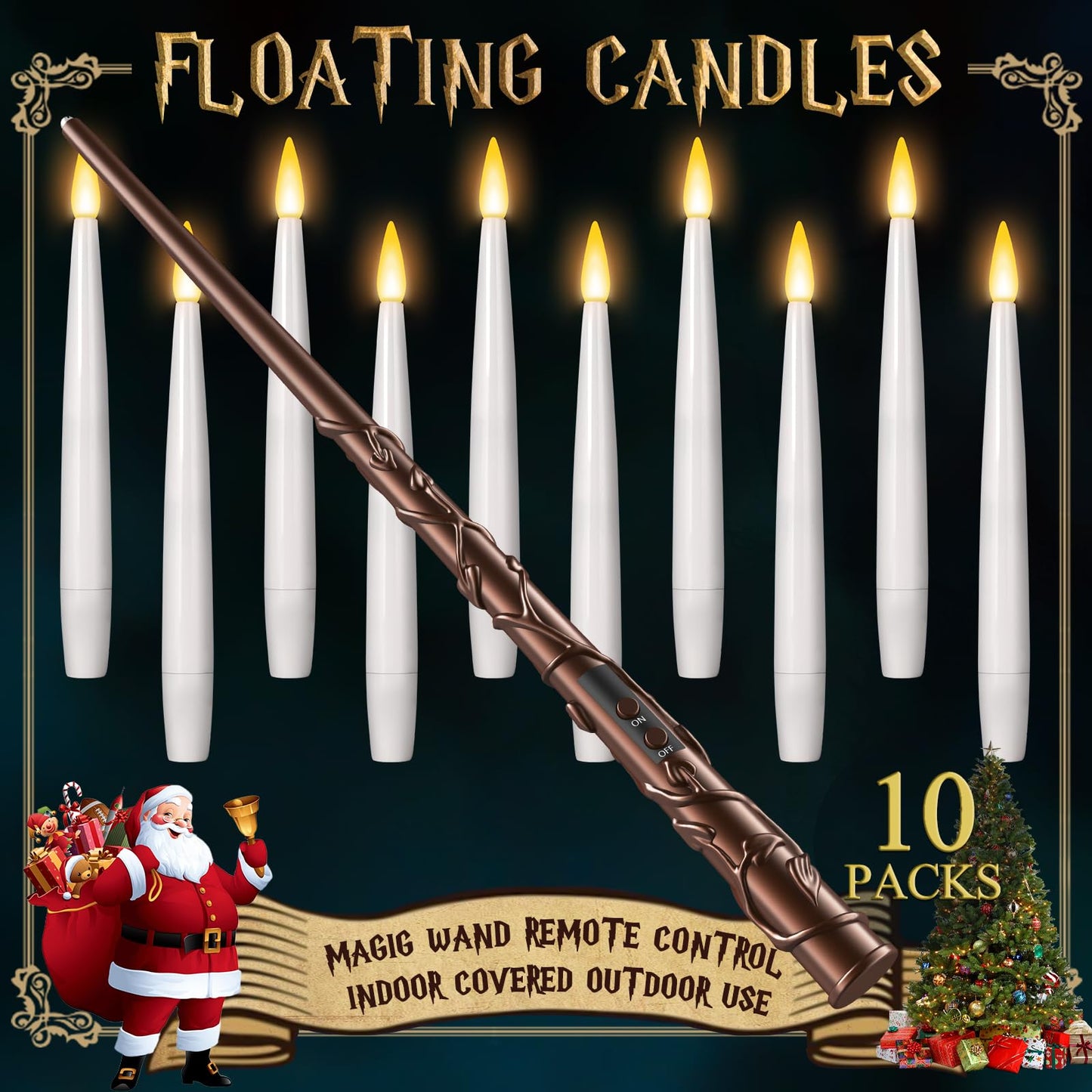 Floating Candles with Wand - Christmas Magic Hanging Flameless Candles Taper Candles with Remote for Halloween Window Home Bedroom Birthday Party