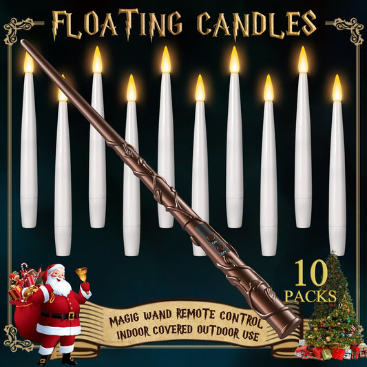Floating Candles with Wand - Christmas Magic Hanging Flameless Candles Taper Candles with Remote for Halloween Window Home Bedroom Birthday Party