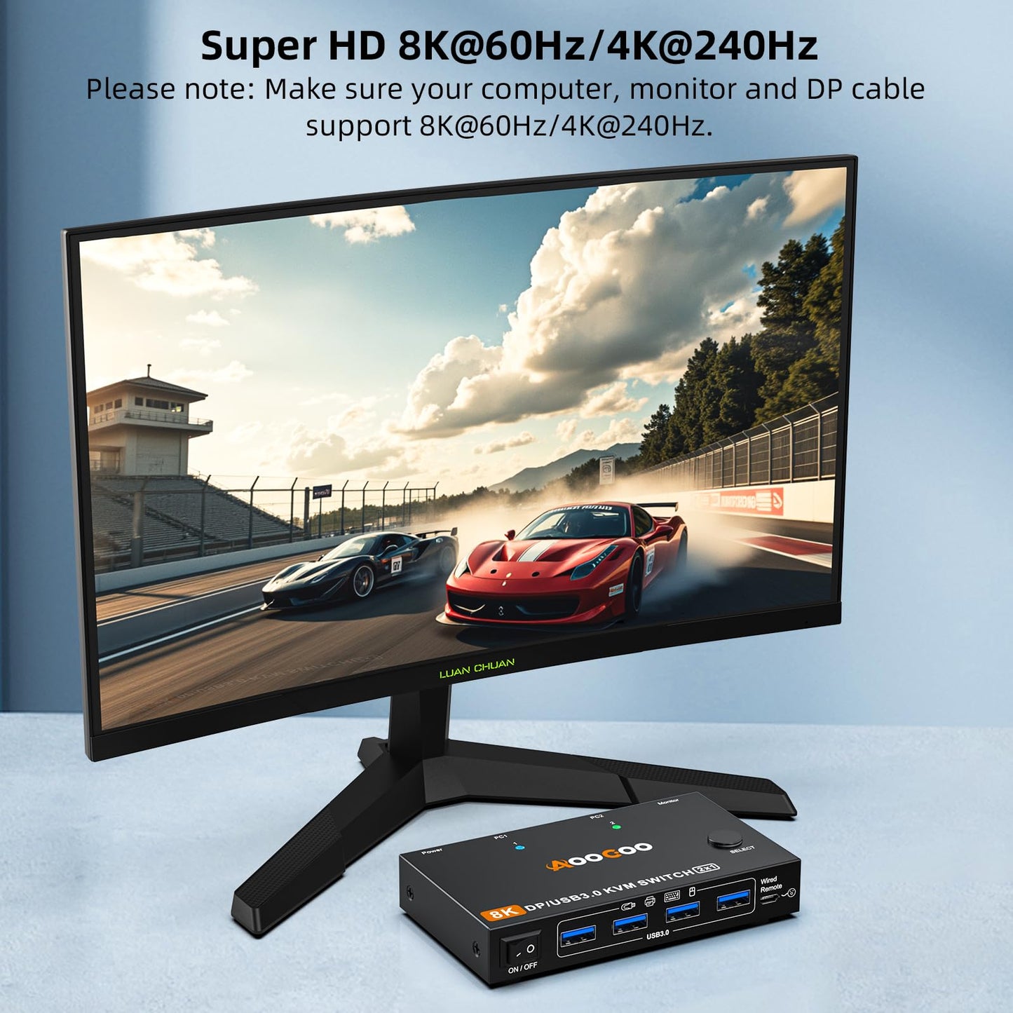 DP KVM Switch 2 Computers 1 Monitor, 8K@60Hz/4K@240Hz Single Monitor KVM Switch for 2 PC Share 1 Monitor and USB3.0 Devices, with USB