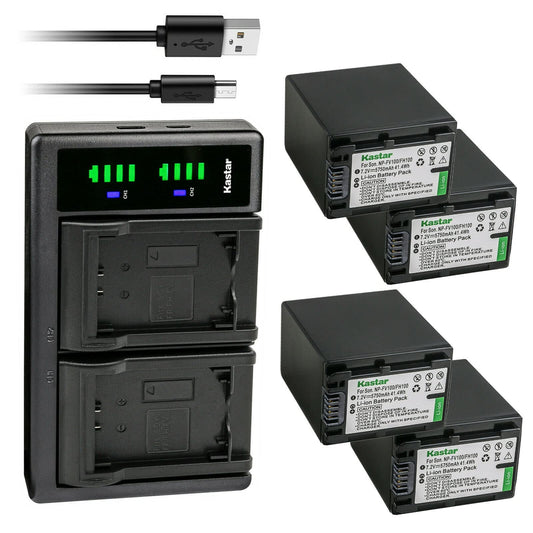 Kastar 4-Pack Battery NP-FV100 and LTD2 USB Charger Compatible with Sony NEX-VG20 NEX-VG30 NEX-VG900 HXR-MC50 HXR-MC88 HXR-NX30 HXR-NX70 HXR-NX80