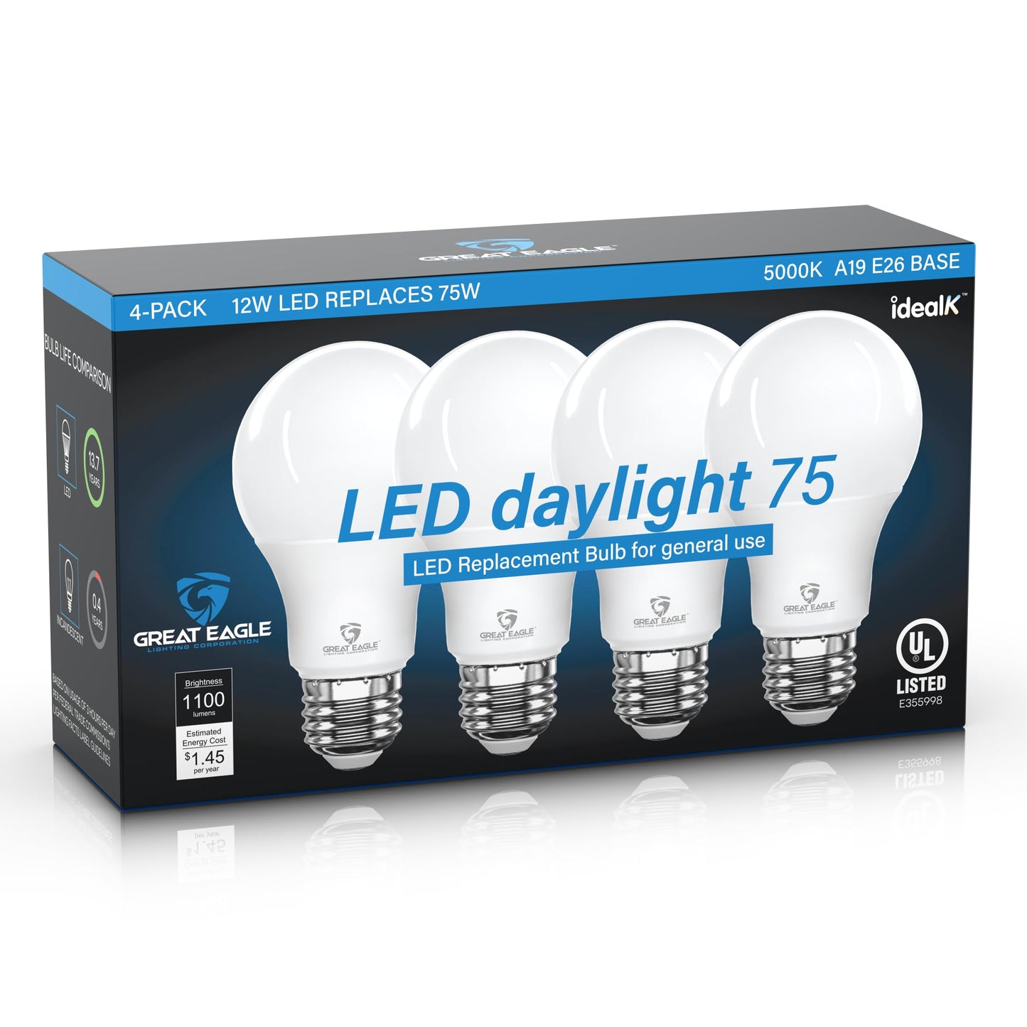 Great Eagle A19 Led Bulbs 75 Watt Equivalent - UL Listed - 5000K Daylight 75 Watt Led Light Bulbs - Non Dimmable - Standard Replacement (4 Pack)