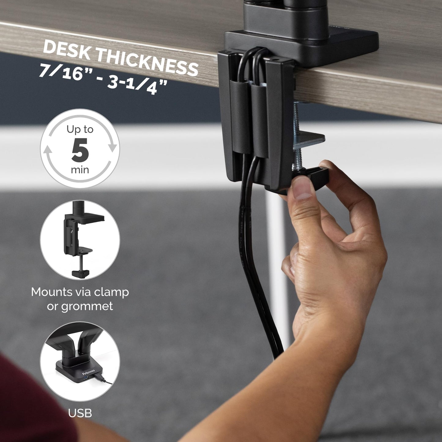 Fellowes Platinum Series Dual Monitor Arm for 40-Inch Monitors, Full Motion, 360° Rotation, VESA Mount with Grommet or Clamp, USB Ports, Ergonomic