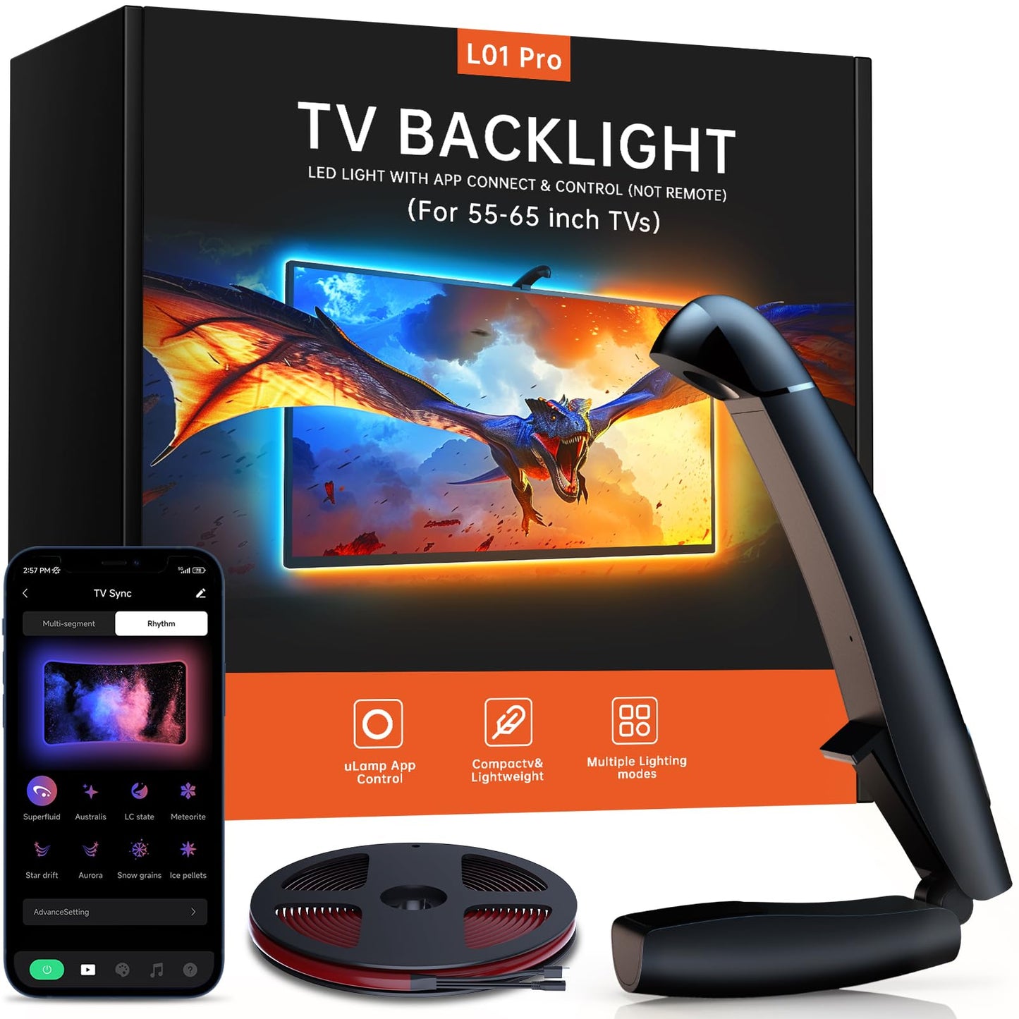 FFJ TV LED Backlight with Sensor, 14.7ft Cuttable RGB Lights that Change with TV for 55-65 Inch Screen and PC Monitor, Smart App Control, Game & Music