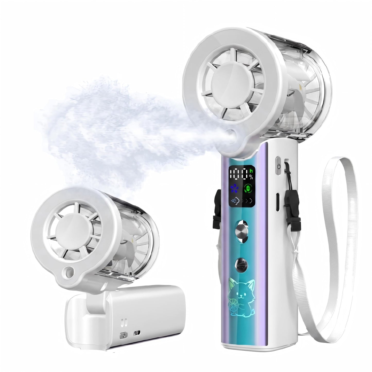 Handheld Misting Fan 100-Speed USB Rechargeable 12H Battery 3-in-1 Neck Fan