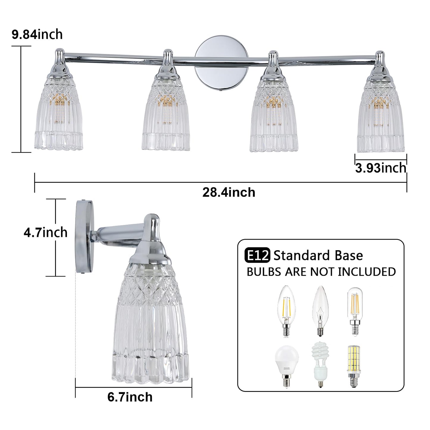 HDDFL Chrome Bathroom Vanity Light Fixture 4 Lights Modern Glass Wall Sconce for Bedroom Bath Living Room Hallway