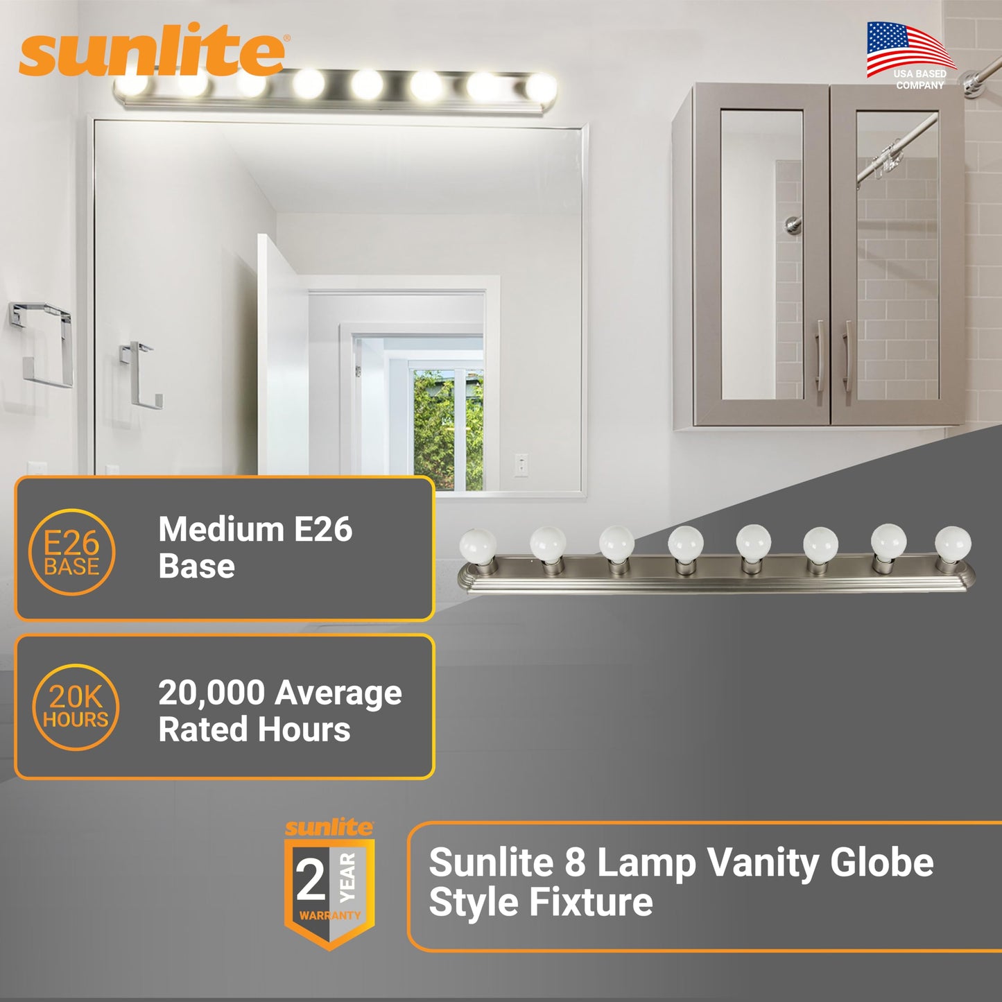 Sunlite 45300 Art Deco Style Brushed Nickel Vanity Light Fixture, 48-Inch, 8 Medium Base Sockets (Bulbs Not Included), Dimmable, UL Listed, Bathroom