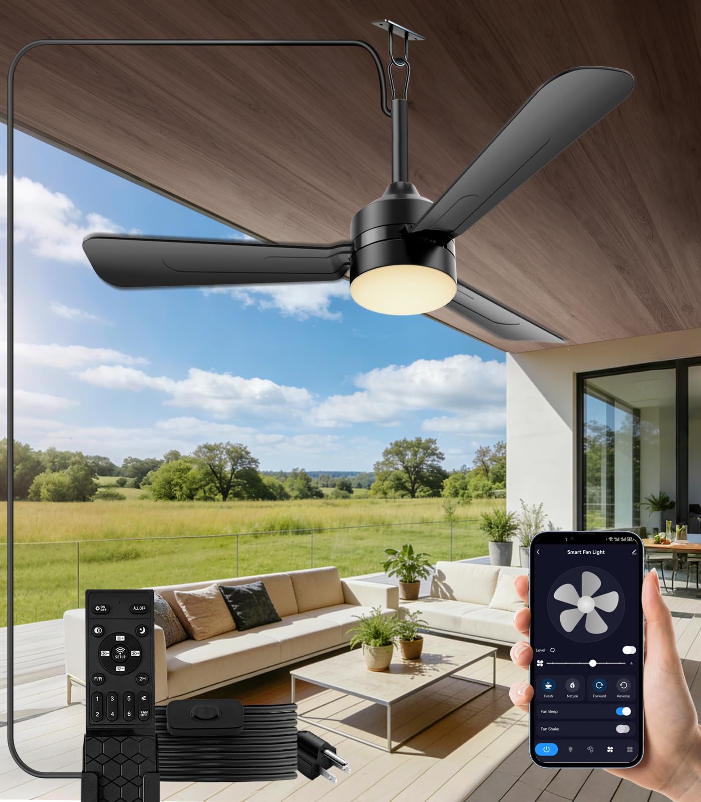 aetherlume 36 inch Plug-in Ceiling Fan Light with Remote Control,gazebo fan light,3 Blade, Dimmable 3CCT LED, Reversible,Portable Hook Design with16ft