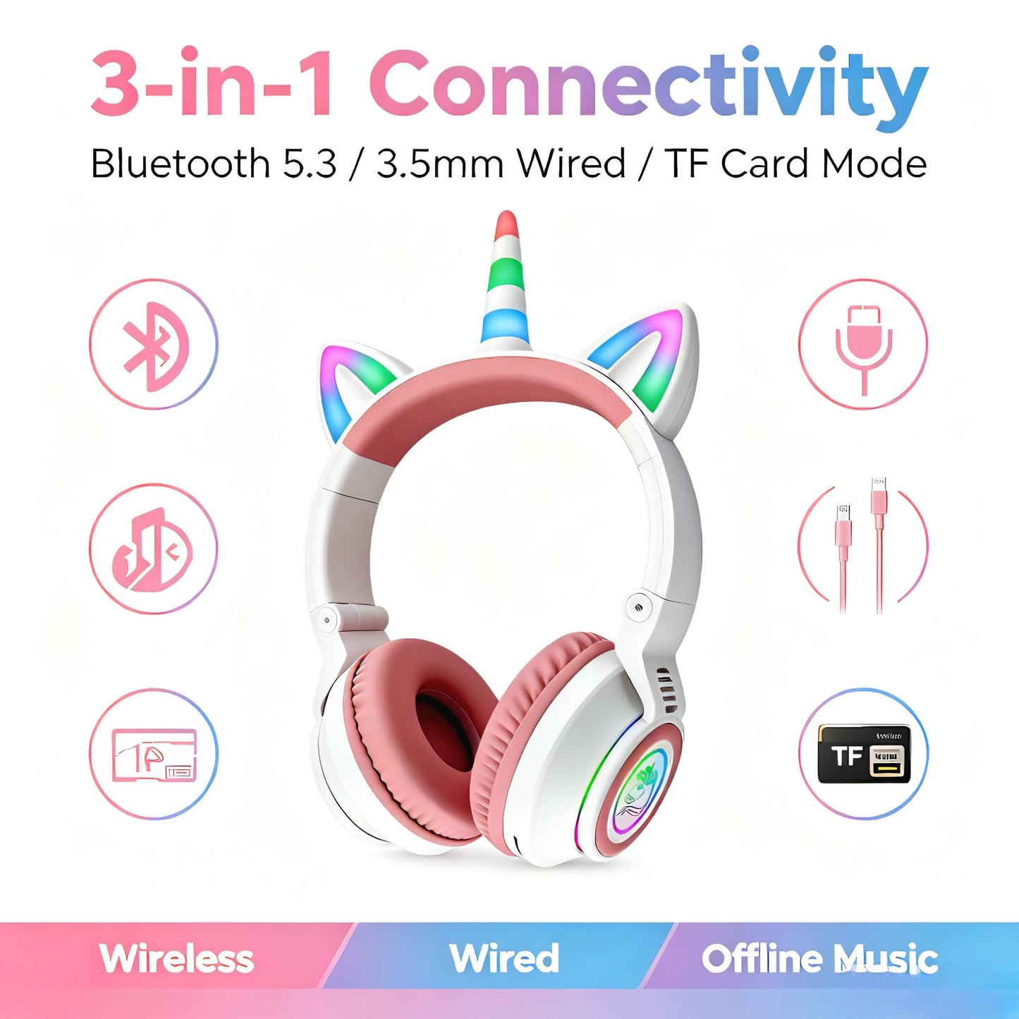 YUSONIC Upgrade Unicorn Headphones for Girls, Kids Bluetooth Wireless Headphones with 7 Colour Flash Light, 93dB Volume Limited, for Toddlers
