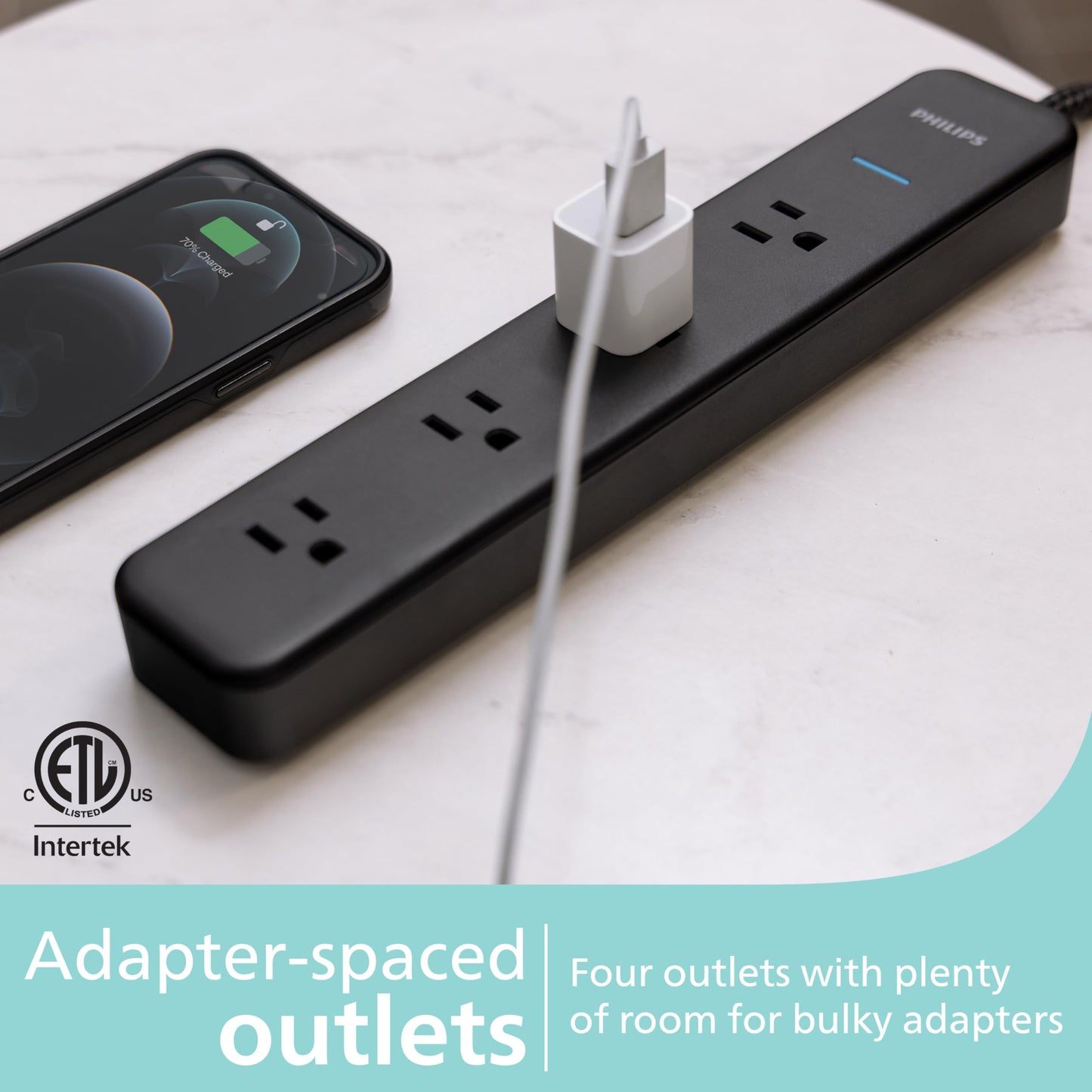 PHILIPS 4-Outlet Surge Protector Power Strip, 450J, Adapter-Spaced, 4ft Braided Cord, Outlet Extender, Extension Cord, for Home School or Office