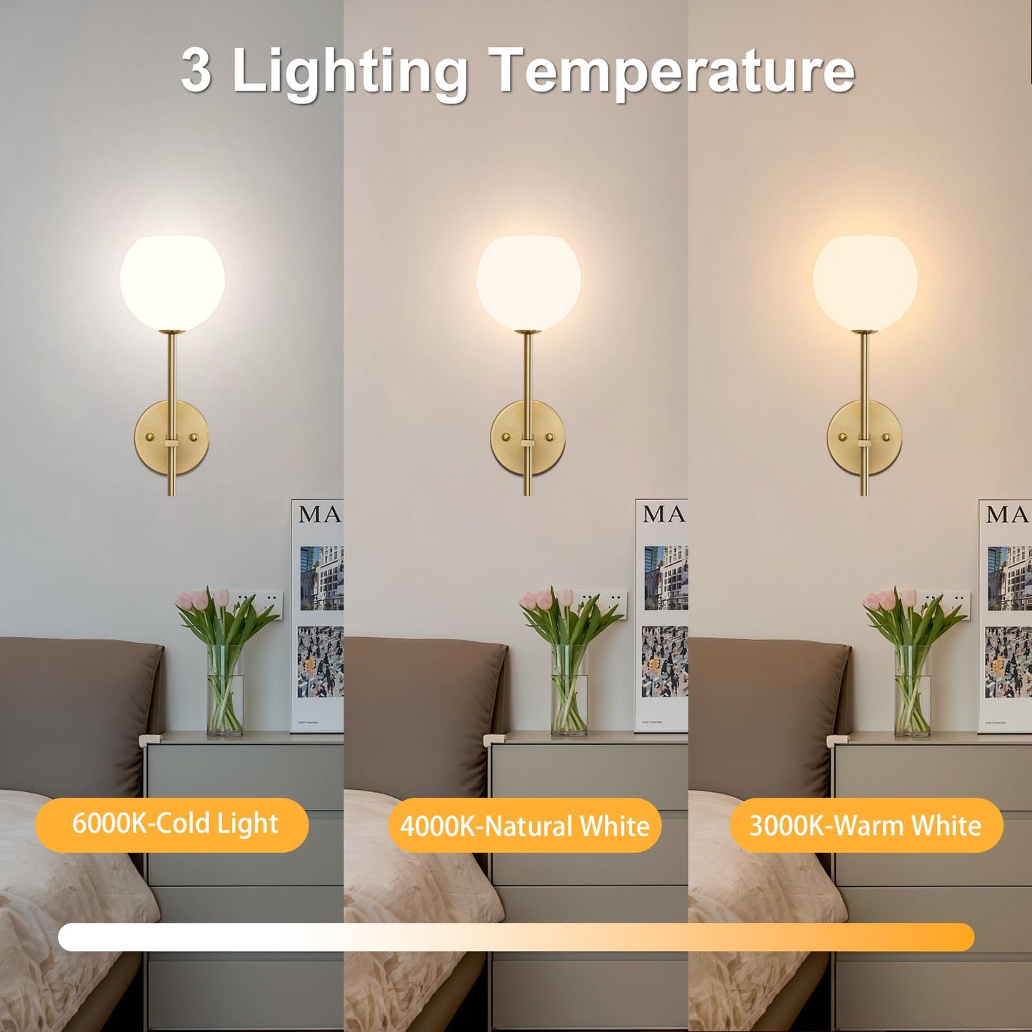 Gold Battery Operated Wall Sconces Set of 2, Rechargeable Wireless Wall Lights with Milky White Frosted Glass Shade, 12 RGB and 3CCT Dimmable, Wall