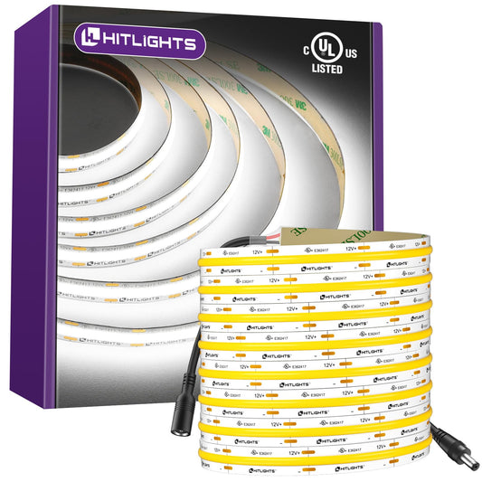 HitLights White COB LED Strip Lights 5000K, 12V Tape Light 16.4ft, 2640 LEDs, 426 lm/ft, CRI 90+, IP30, Premium High Density Lighting for Kitchen