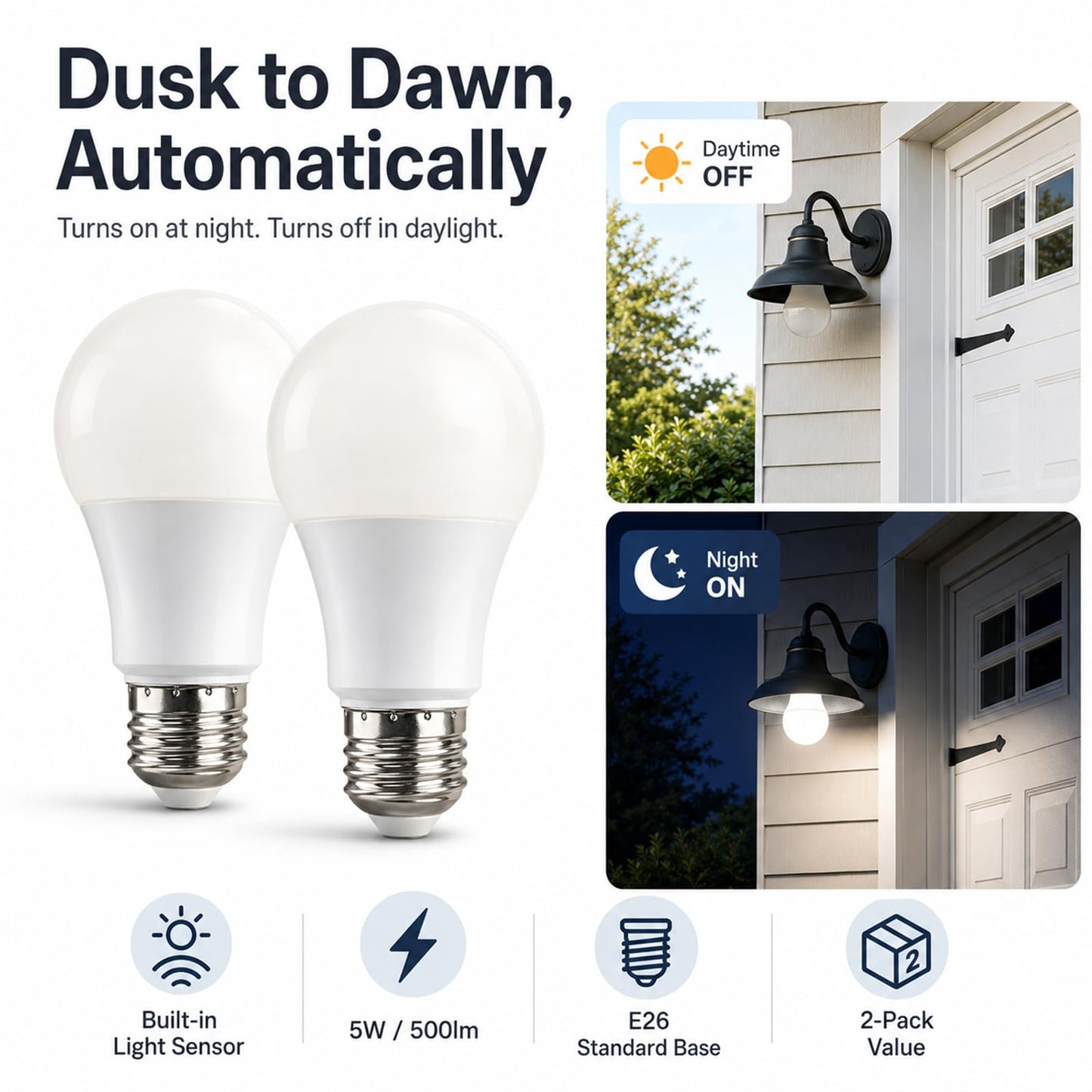 Taysing Dusk to Dawn Light Bulbs Auto On/Off 40 Watt Equivalent Smart Light Sensor LED Bulb Security Bulb Outdoor Night Light Bulb Garage Porch 5W