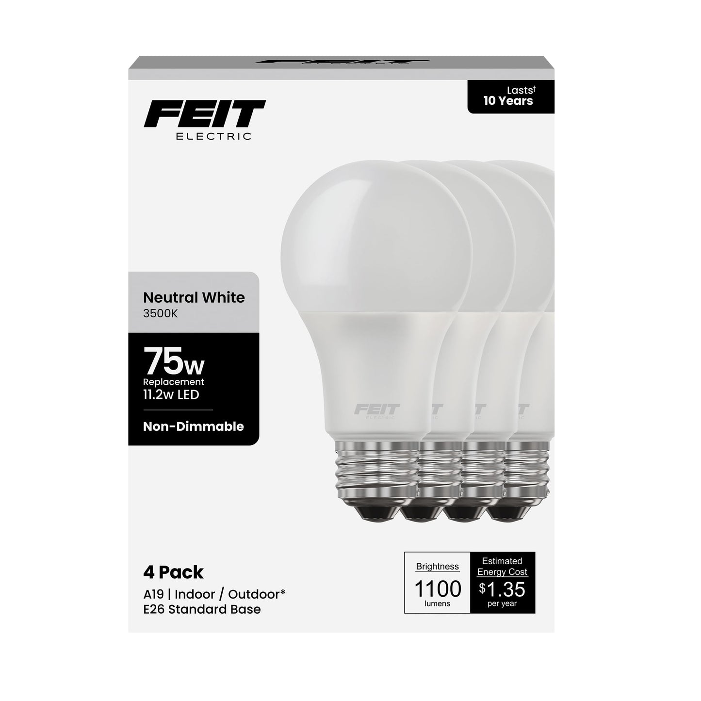 Feit Electric LED Light Bulbs - A19 75W Equivalent, 80 CRI - 3500K, 4 Pack